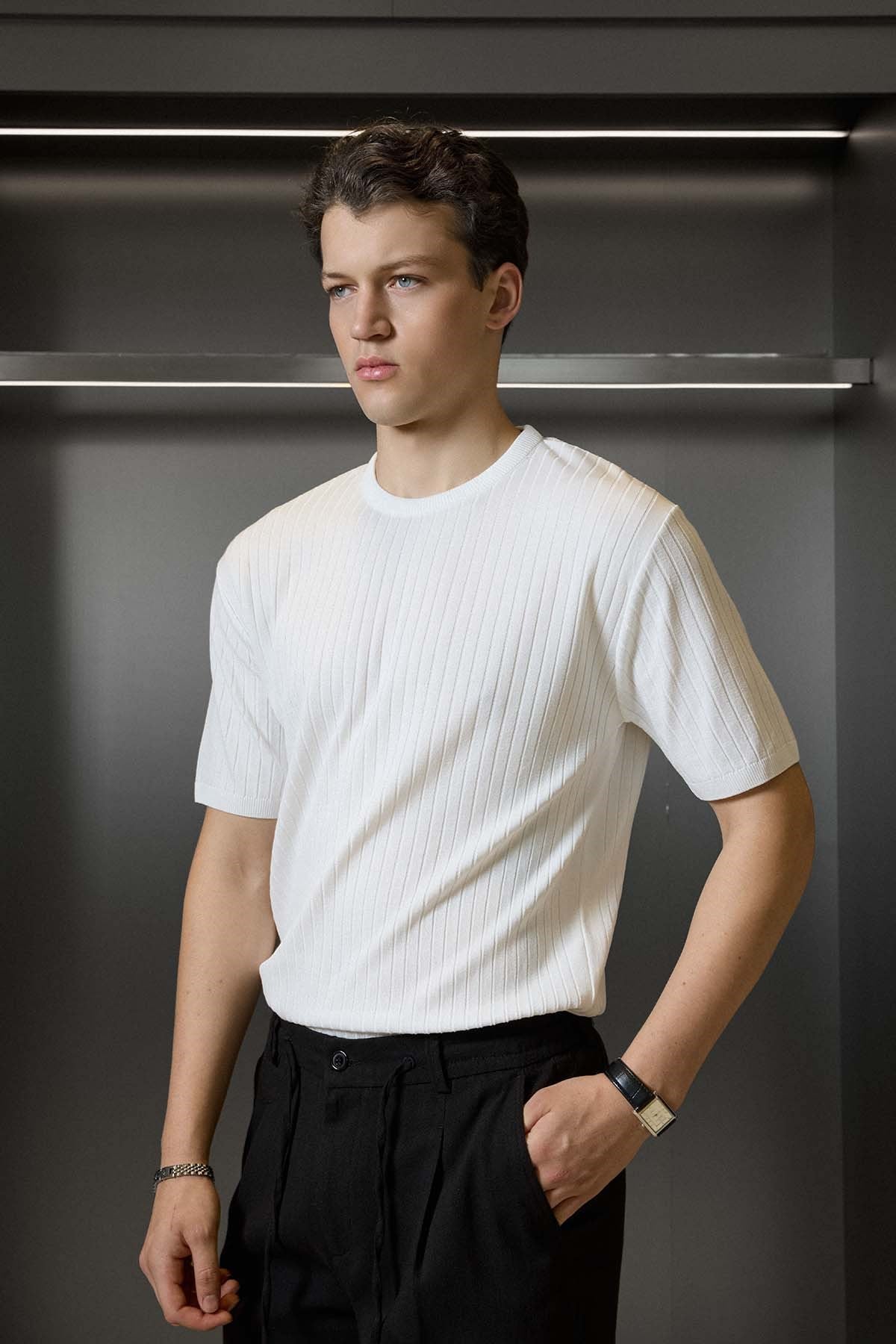 Erkek Regular Fit Fitilli Triko Bisiklet Yaka T-Shirt Beyaz