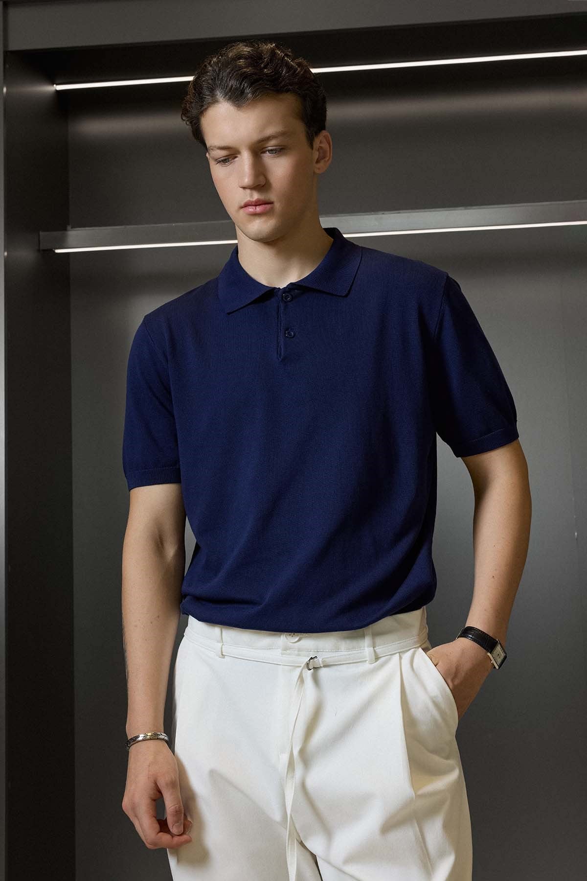 Erkek Regular Fit Örme Kumaş Basic Polo Yaka T-Shirt Lacivert
