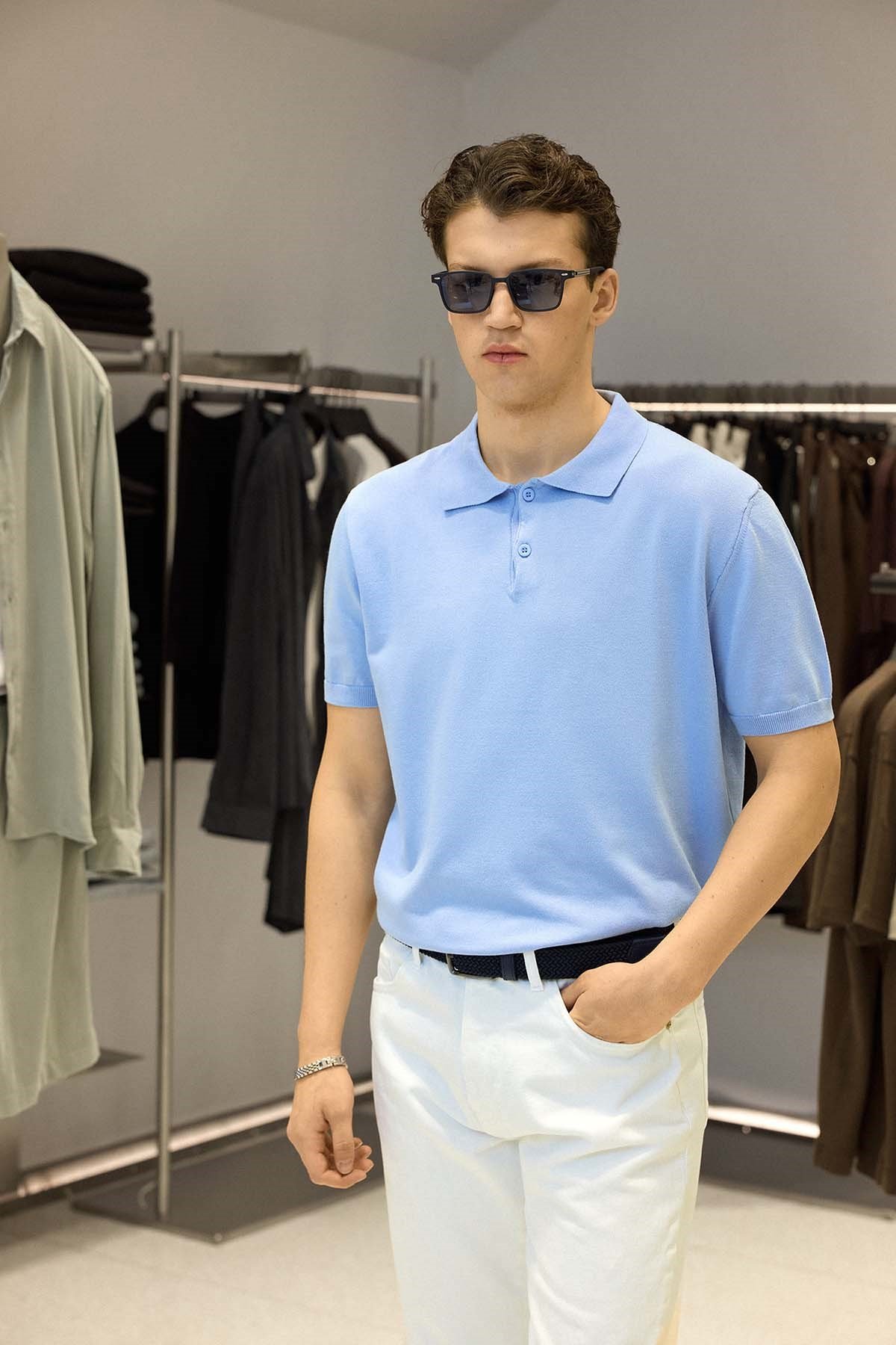 Erkek Regular Fit Örme Kumaş Basic Polo Yaka T-Shirt Açık Mavi