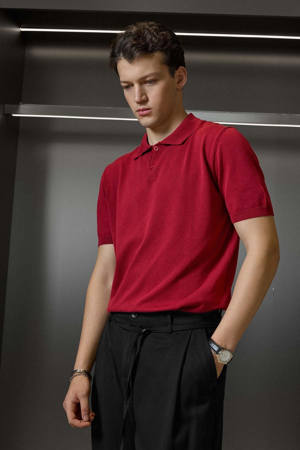 Erkek Regular Fit Örme Kumaş Basic Polo Yaka T-Shirt Kırmızı