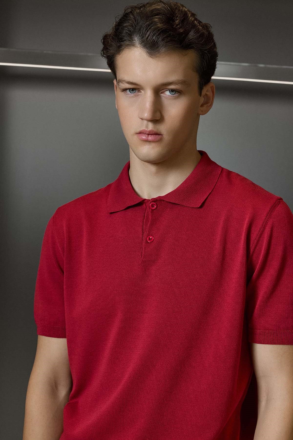 Erkek Regular Fit Örme Kumaş Basic Polo Yaka T-Shirt Kırmızı
