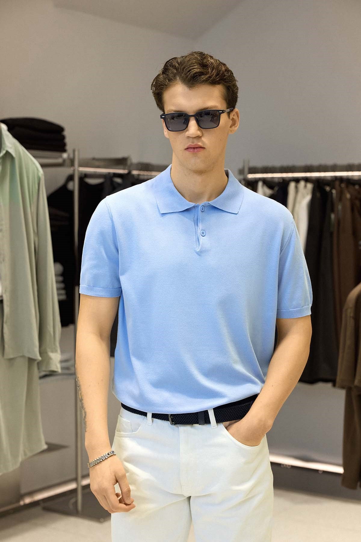 Erkek Regular Fit Örme Kumaş Basic Polo Yaka T-Shirt Açık Mavi