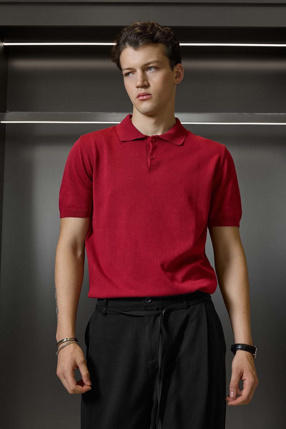 Erkek Regular Fit Örme Kumaş Basic Polo Yaka T-Shirt Kırmızı