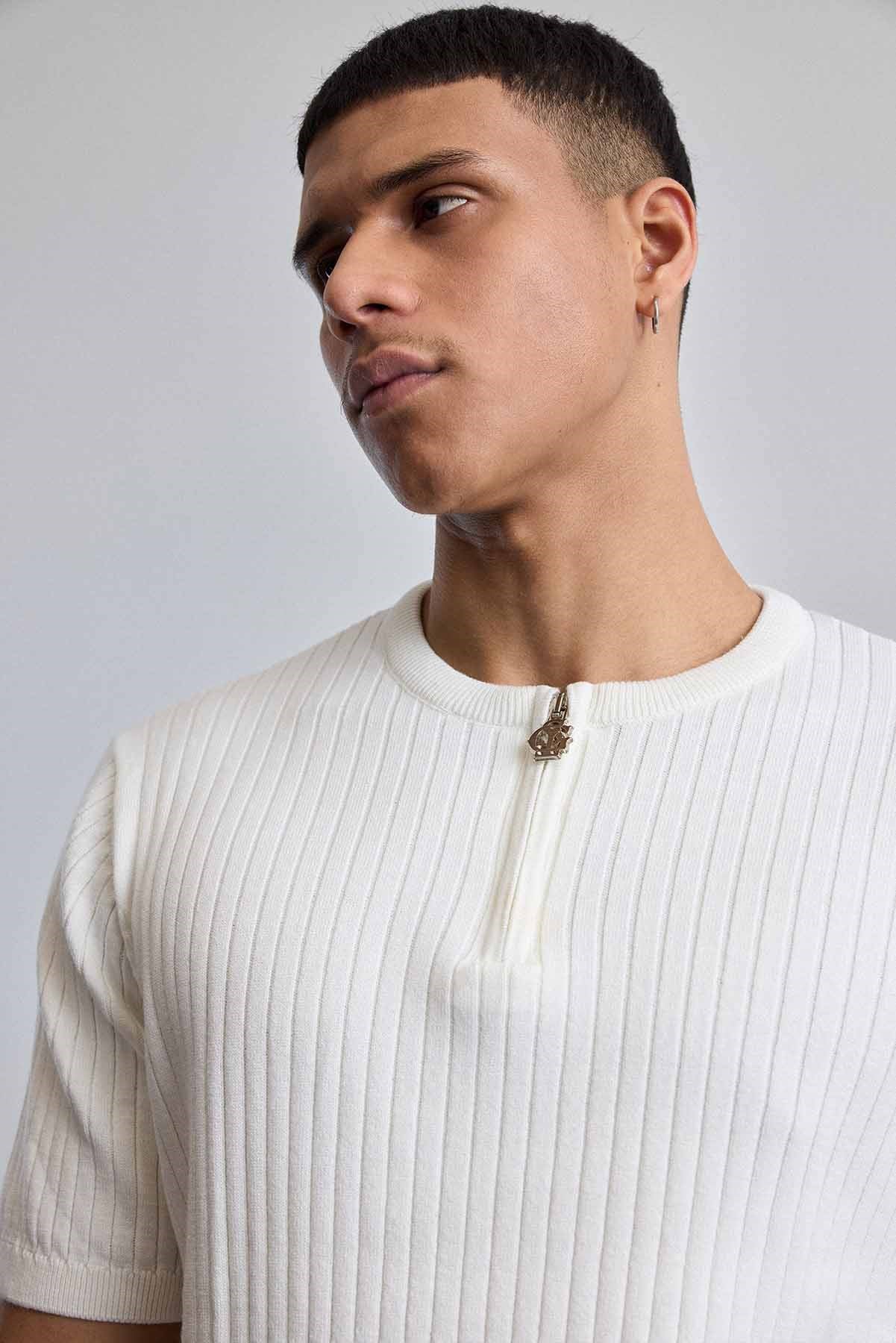 Erkek Regular Fit  Premium Fitilli Triko T-Shirt Ekru