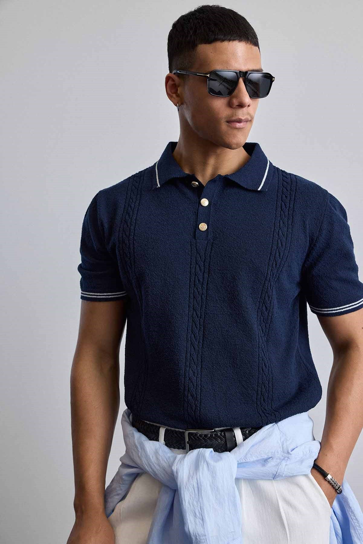 Erkek Regular Fit Saç Örgü Detaylı Triko Polo Yaka T Shirt Lacivert