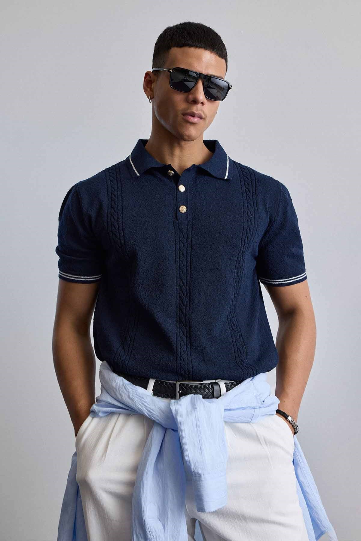 Erkek Regular Fit Saç Örgü Detaylı Triko Polo Yaka T Shirt Lacivert