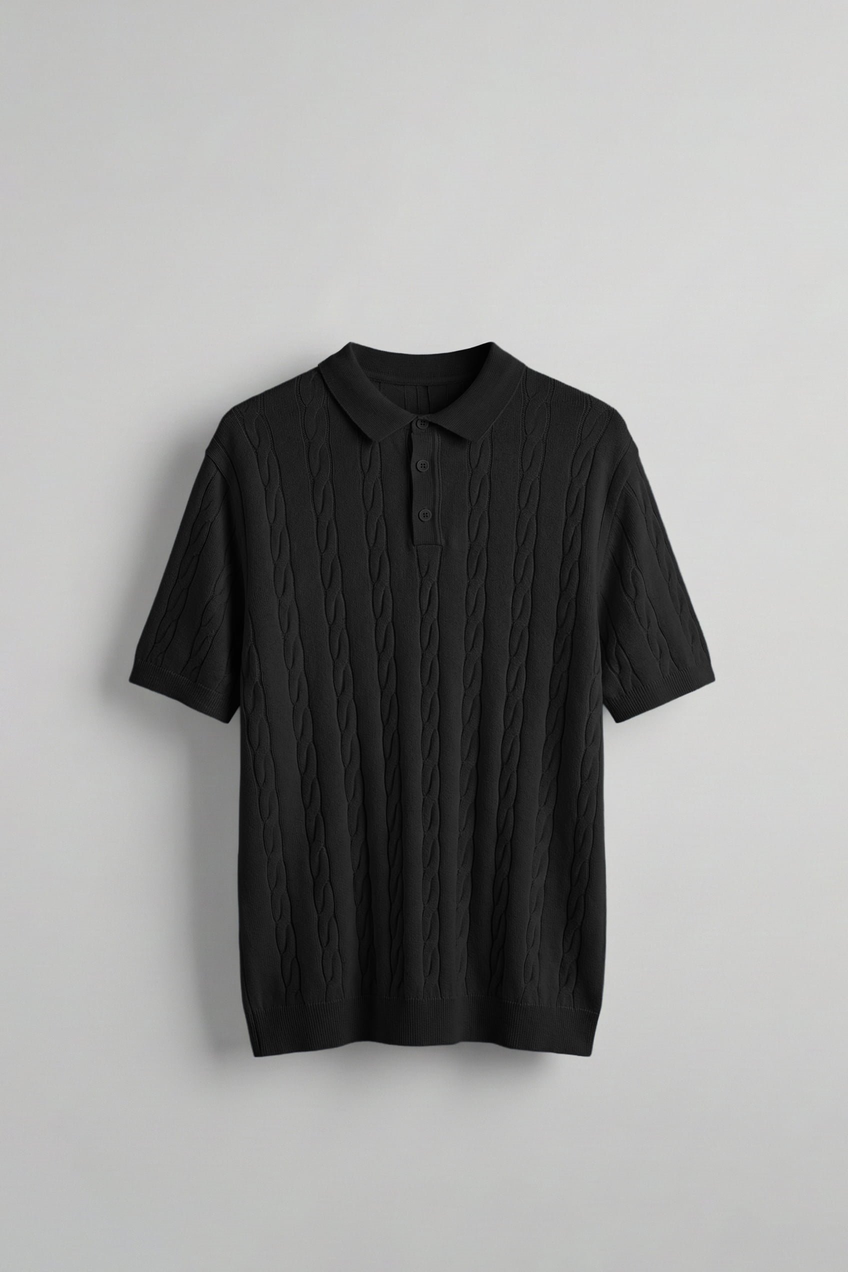 Erkek Regular Fit Saç Örgü Pamuklu Triko Polo Yaka T-Shirt Siyah