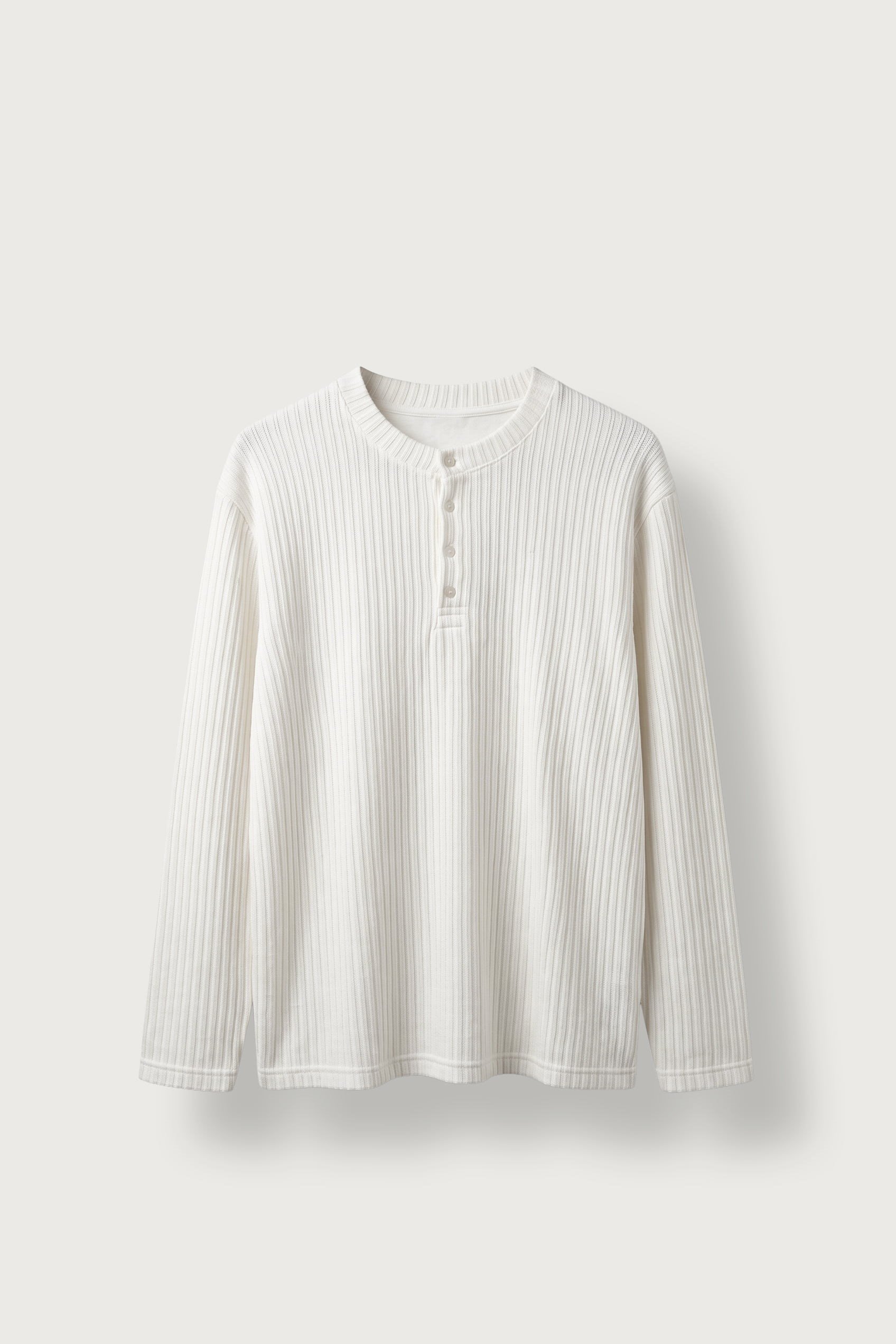 Erkek Relax Fit Henley Yaka Fitilli Triko Kazak Ekru