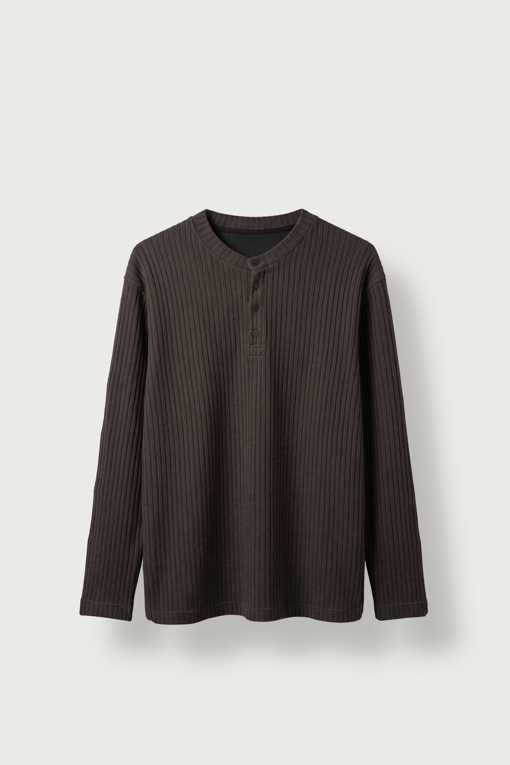 Erkek Relax Fit Henley Yaka Fitilli Triko Kazak Kahverengi