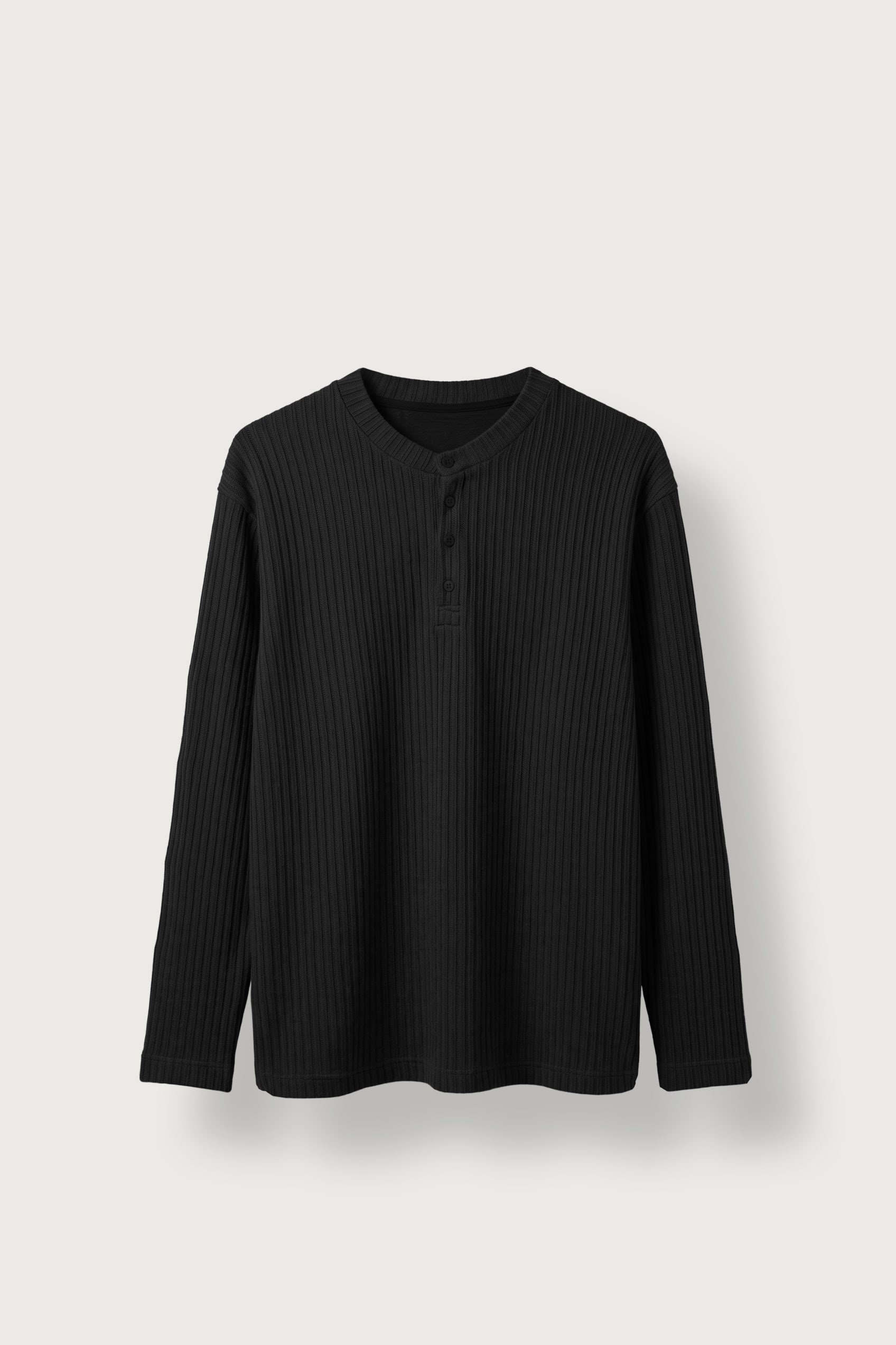 Erkek Relax Fit Henley Yaka Fitilli Triko Kazak Siyah