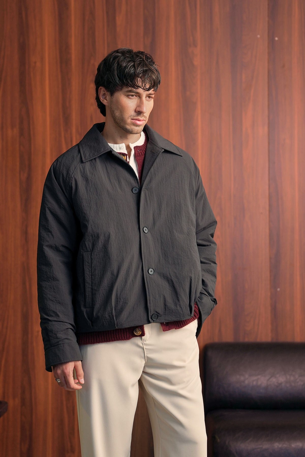Erkek Relax Fit Mevsimlik Paraşüt Kumaş Ceket Kahverengi