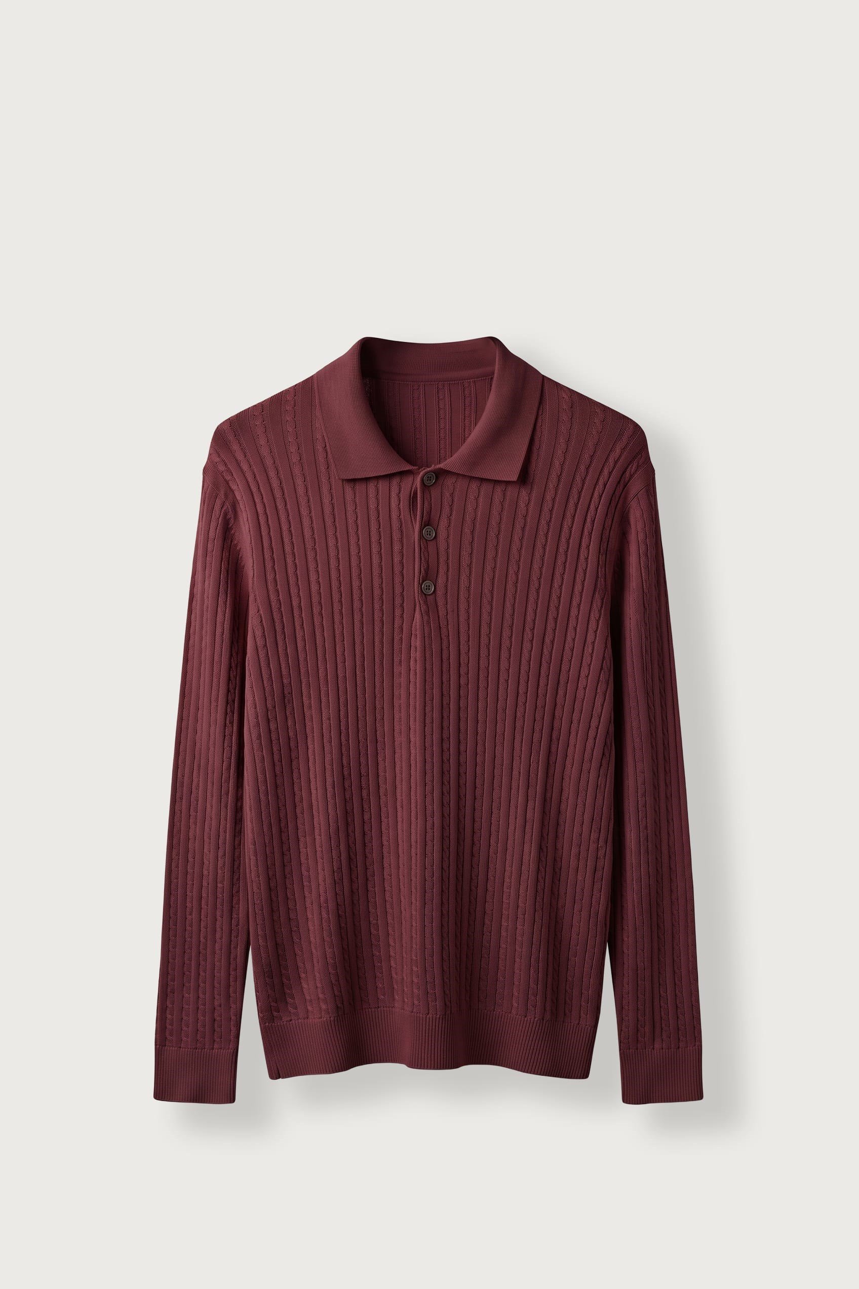 Erkek Relax Fit Polo Yaka Saç Örgü Triko Kazak Bordo