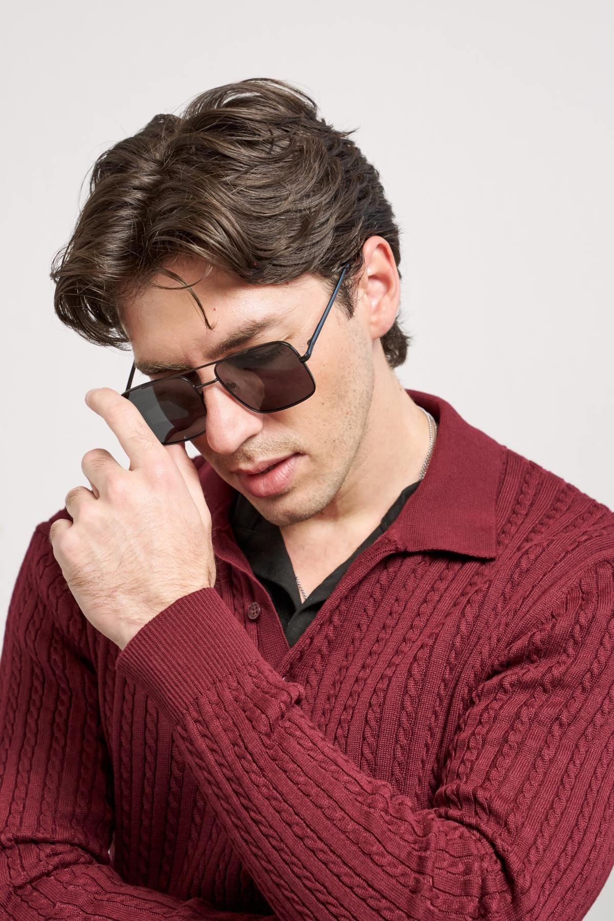 Erkek Relax Fit Polo Yaka Saç Örgü Triko Kazak Bordo