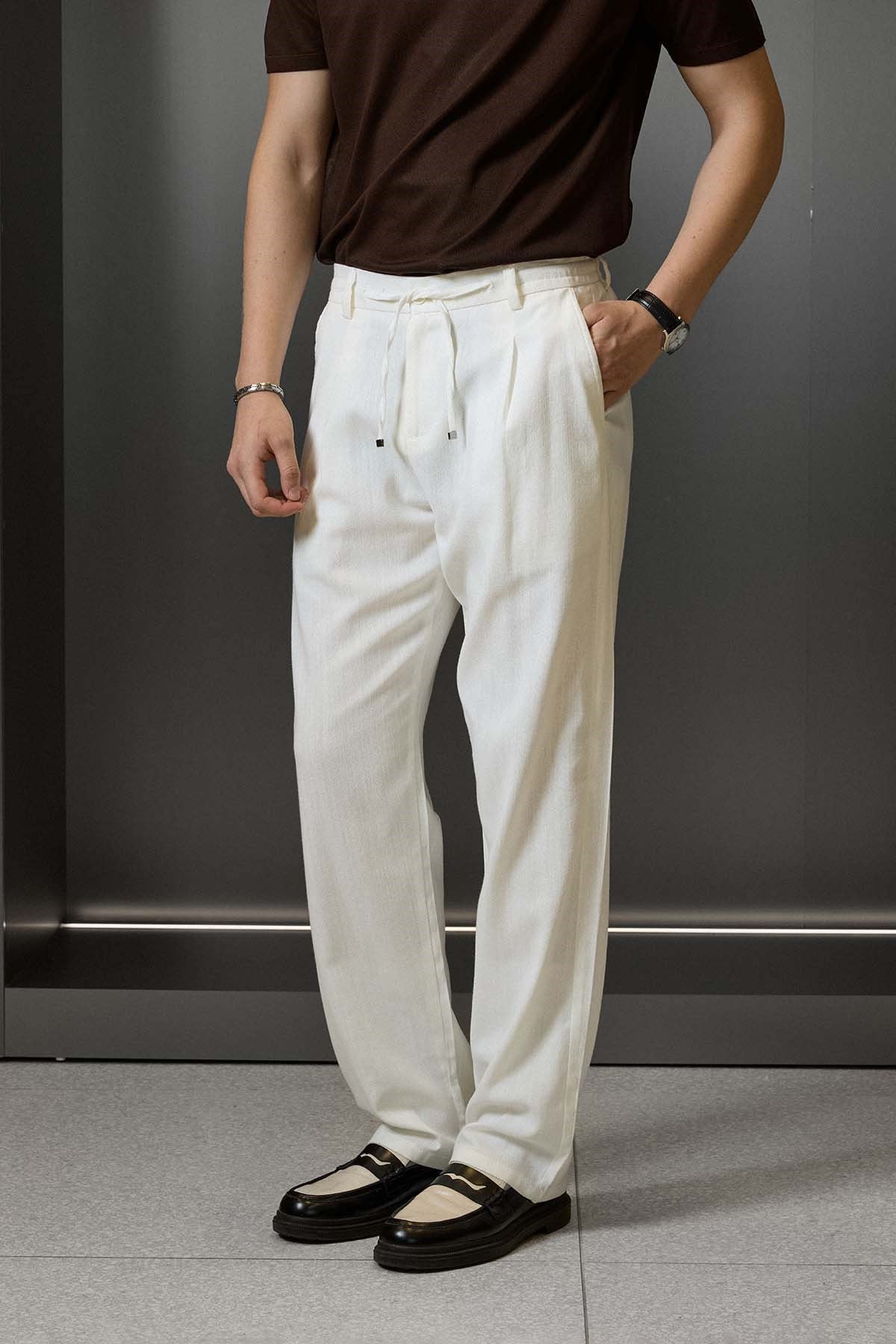 Erkek Relaxed Fit Bağcıklı Rahat Kalıp Pantolon Beyaz