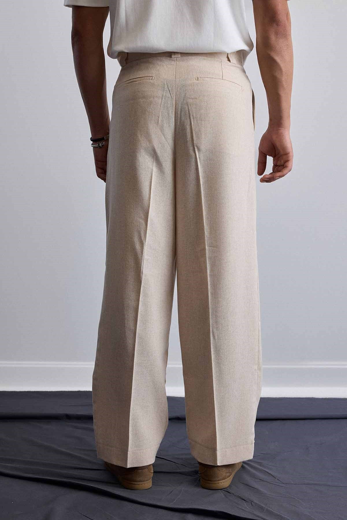 Erkek Relaxed Fit Bol Paça Keten Görünümlü Pileli Pantolon Bej