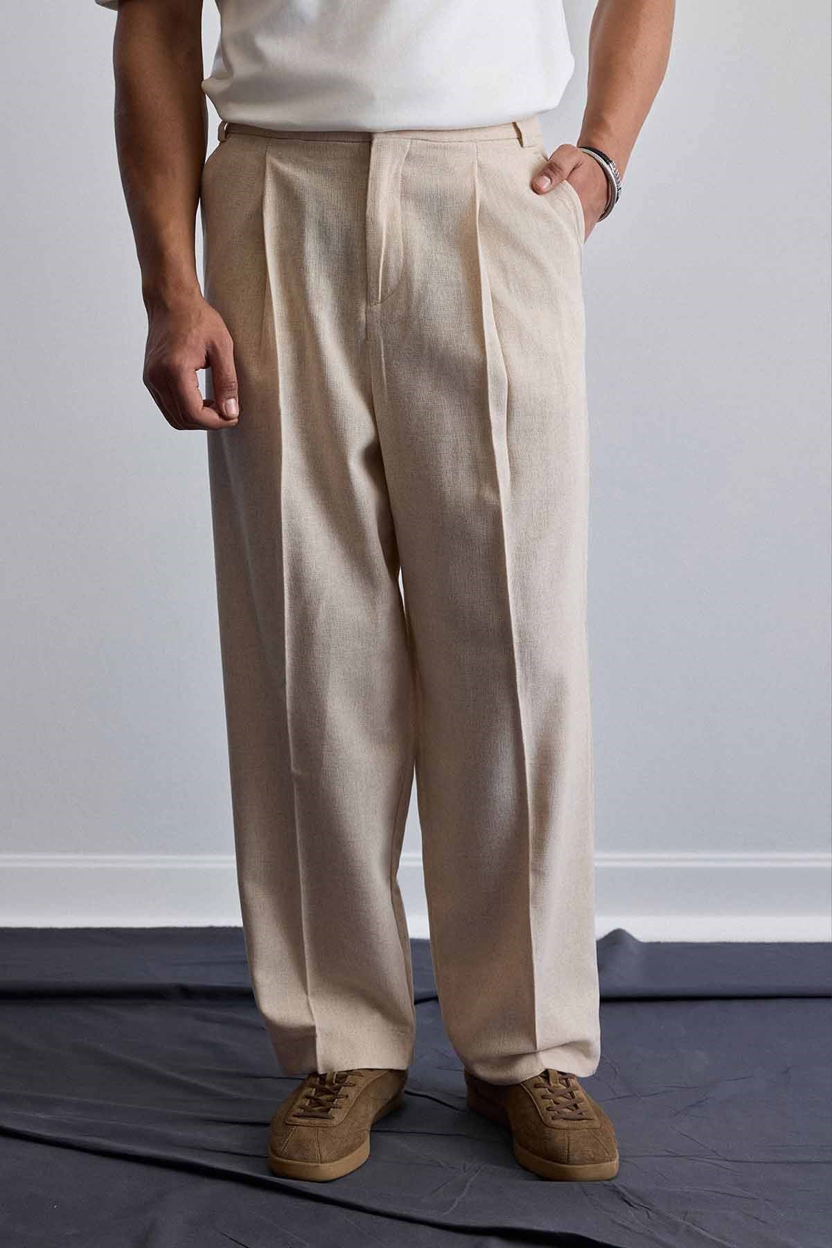 Erkek Relaxed Fit Bol Paça Keten Görünümlü Pileli Pantolon Bej
