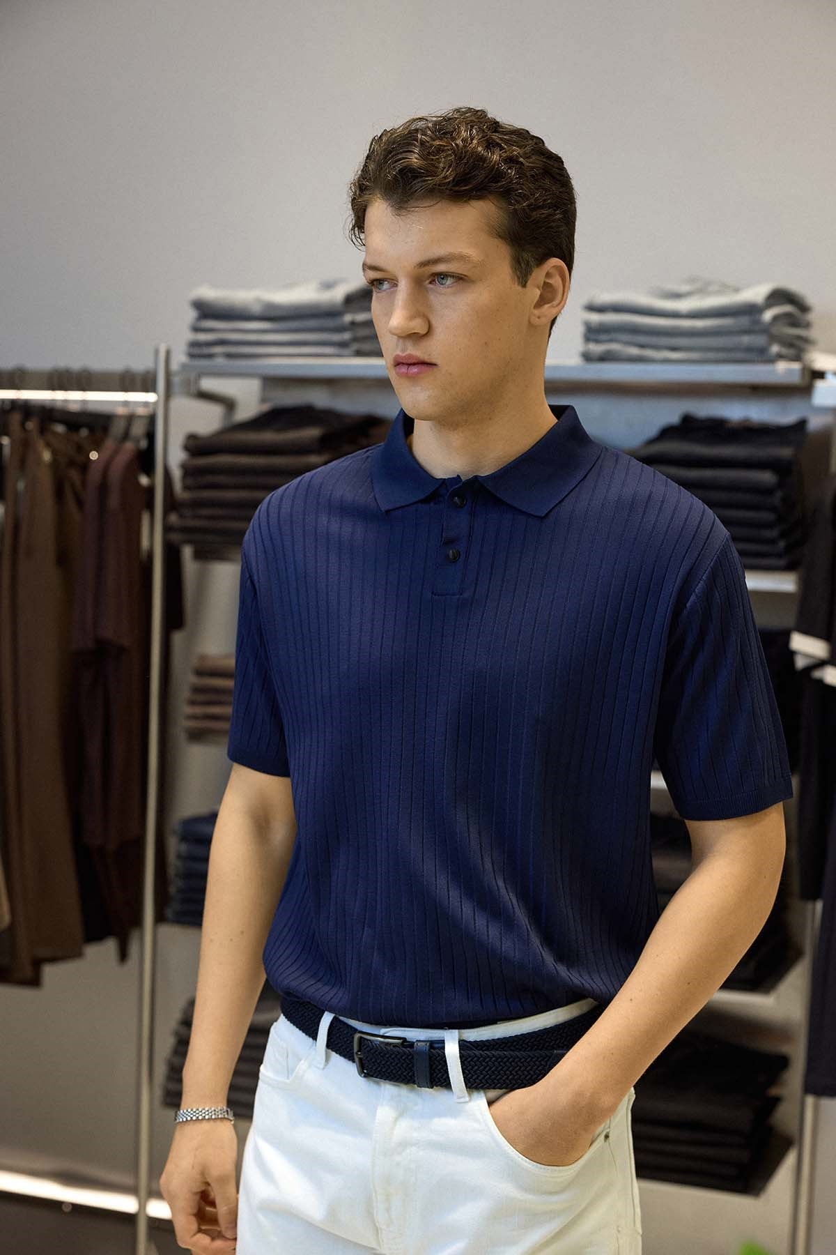 Erkek Relaxed Fit Fitilli Triko Polo Yaka T-Shirt Lacivert