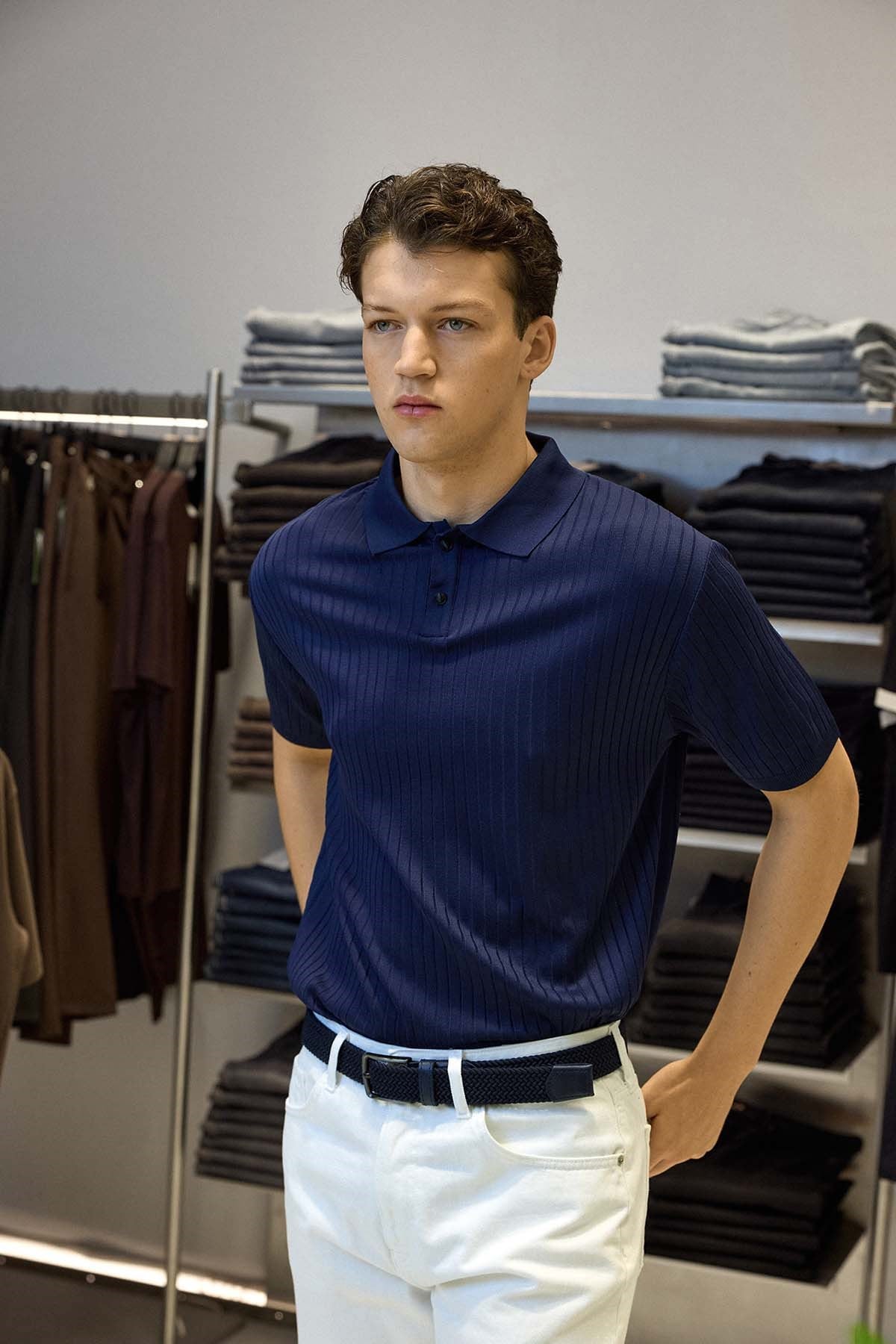 Erkek Relaxed Fit Fitilli Triko Polo Yaka T-Shirt Lacivert