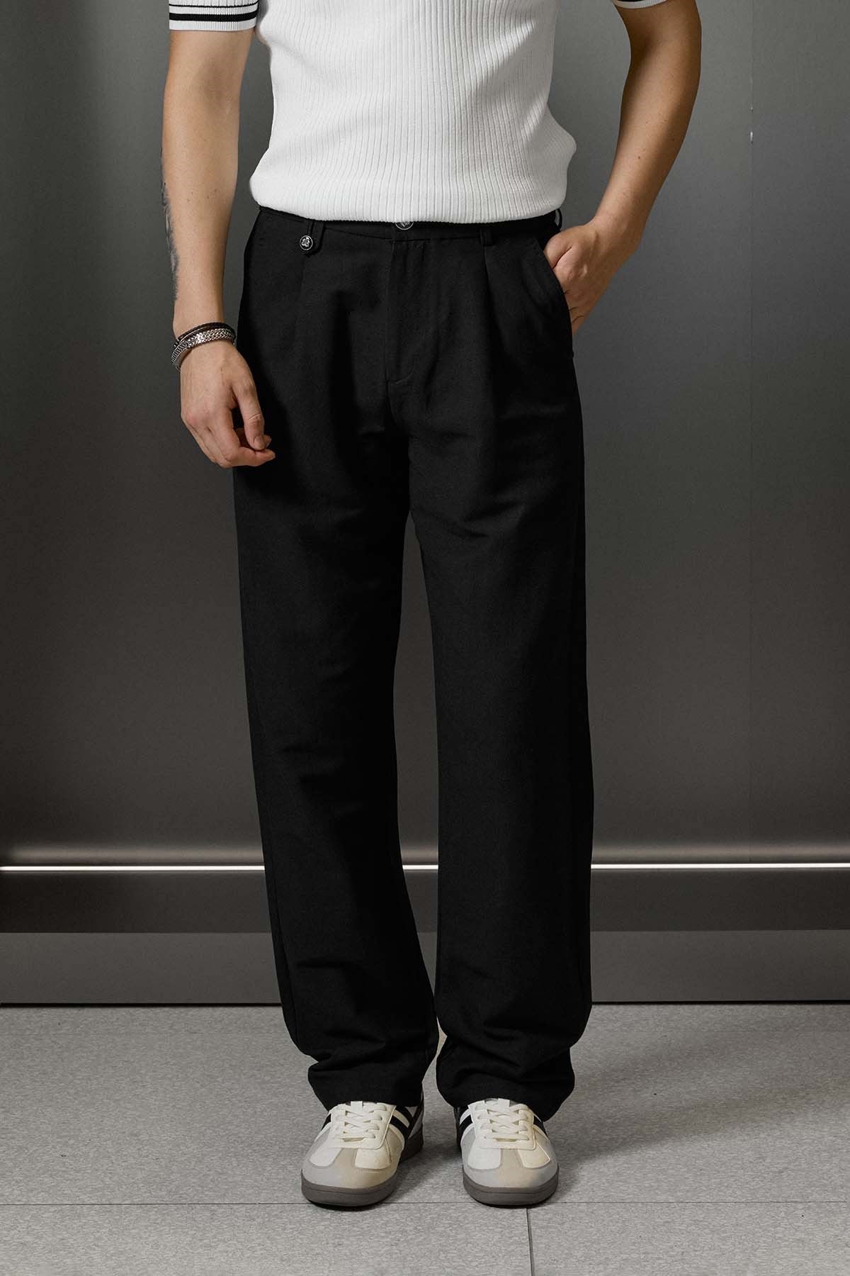 Erkek Relaxed Fit Keten Görünümlü Pantolon Siyah