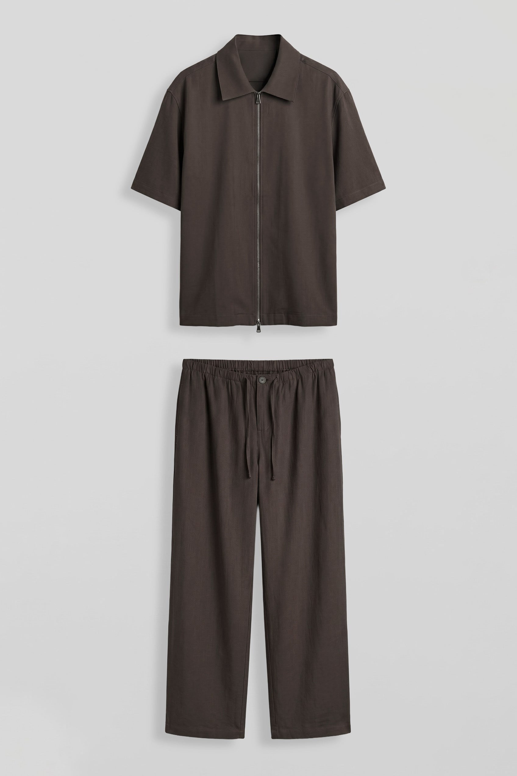 Erkek Relaxed Fit Tencel Fermuarlı Gömlek Pantolon Takımı Kahverengi
