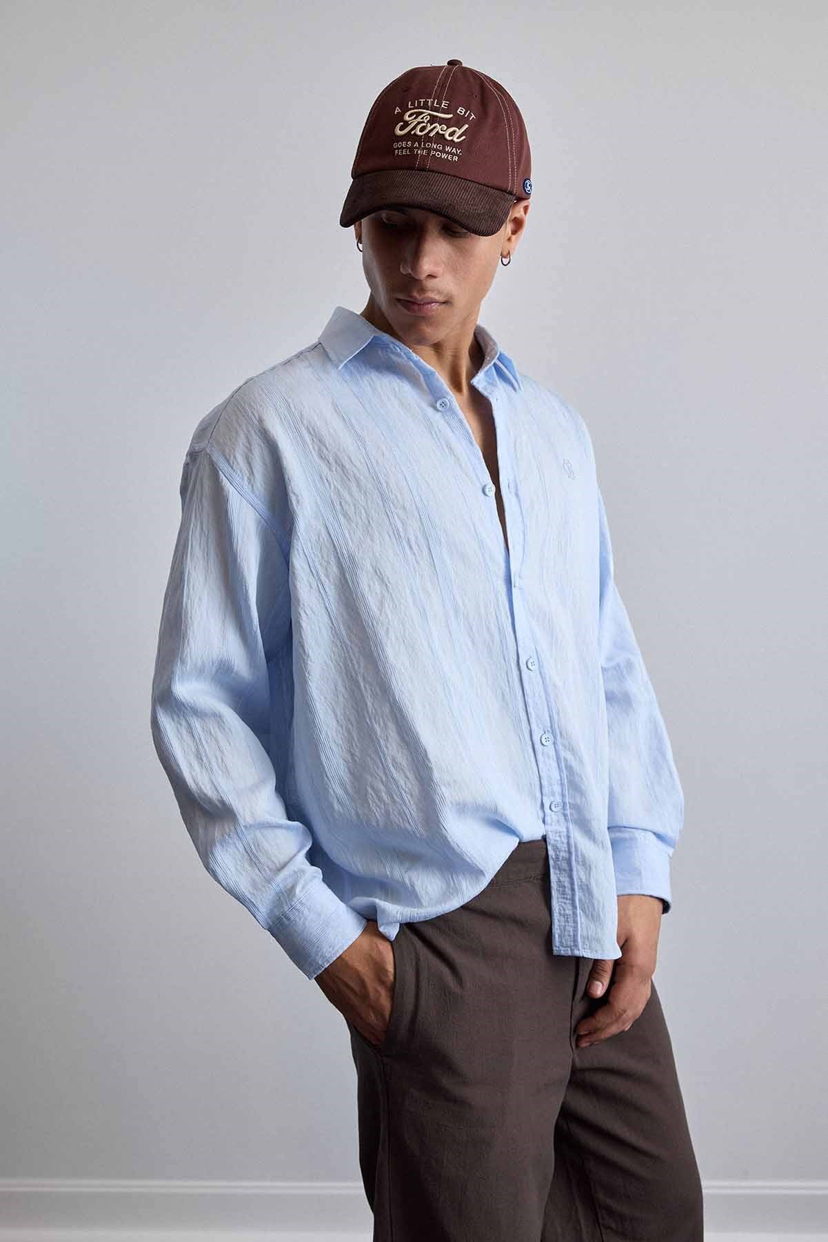 Erkek Relaxed Fit Uzun Kollu Dokulu Gömlek Mavi