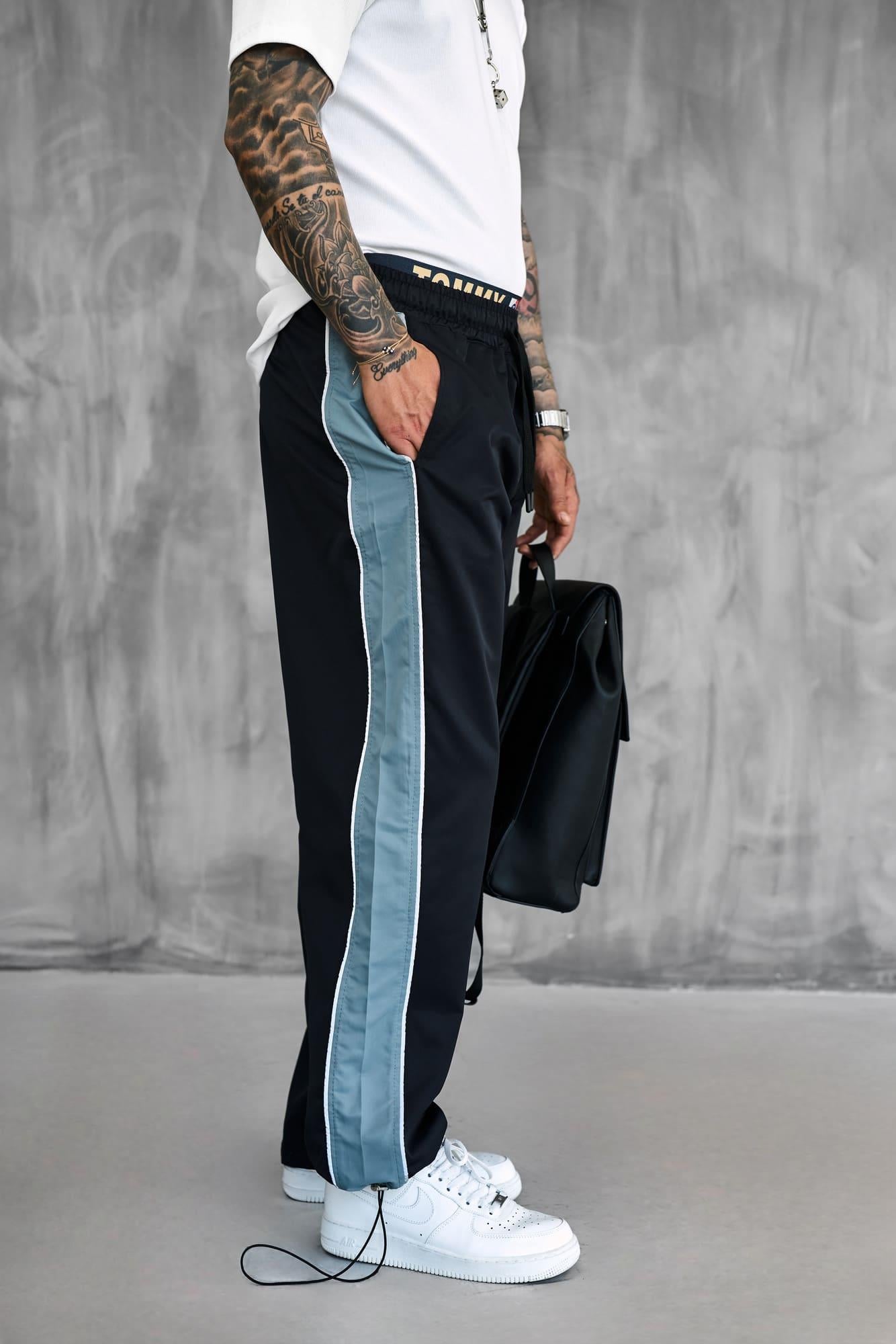 Erkek Şeritli Baggy Fit Teknik Pantolon Siyah