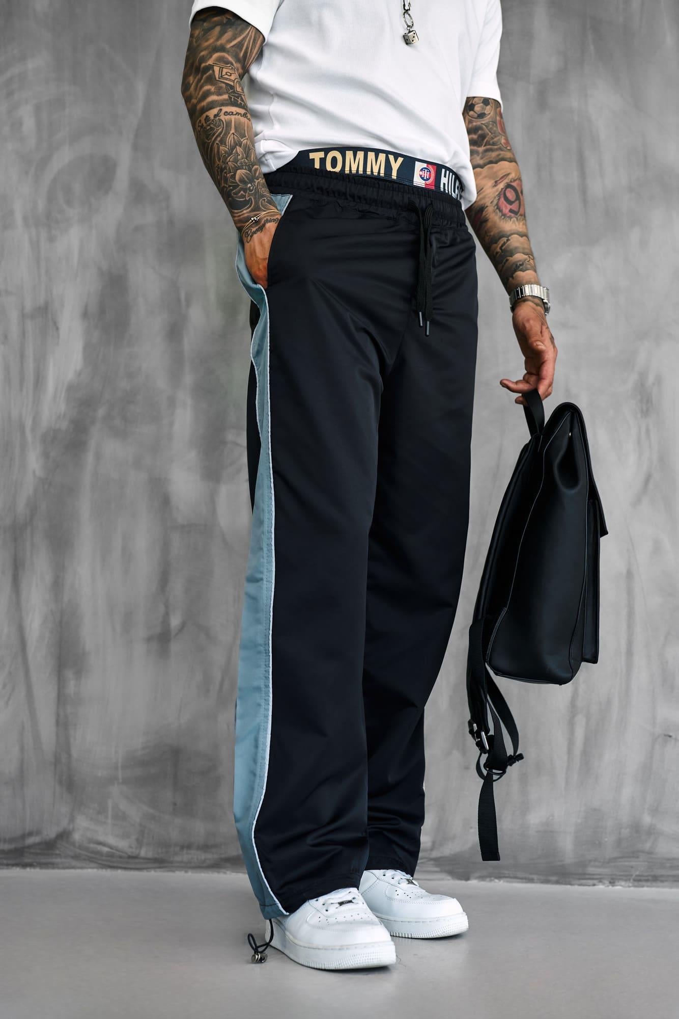 Erkek Şeritli Baggy Fit Teknik Pantolon Siyah