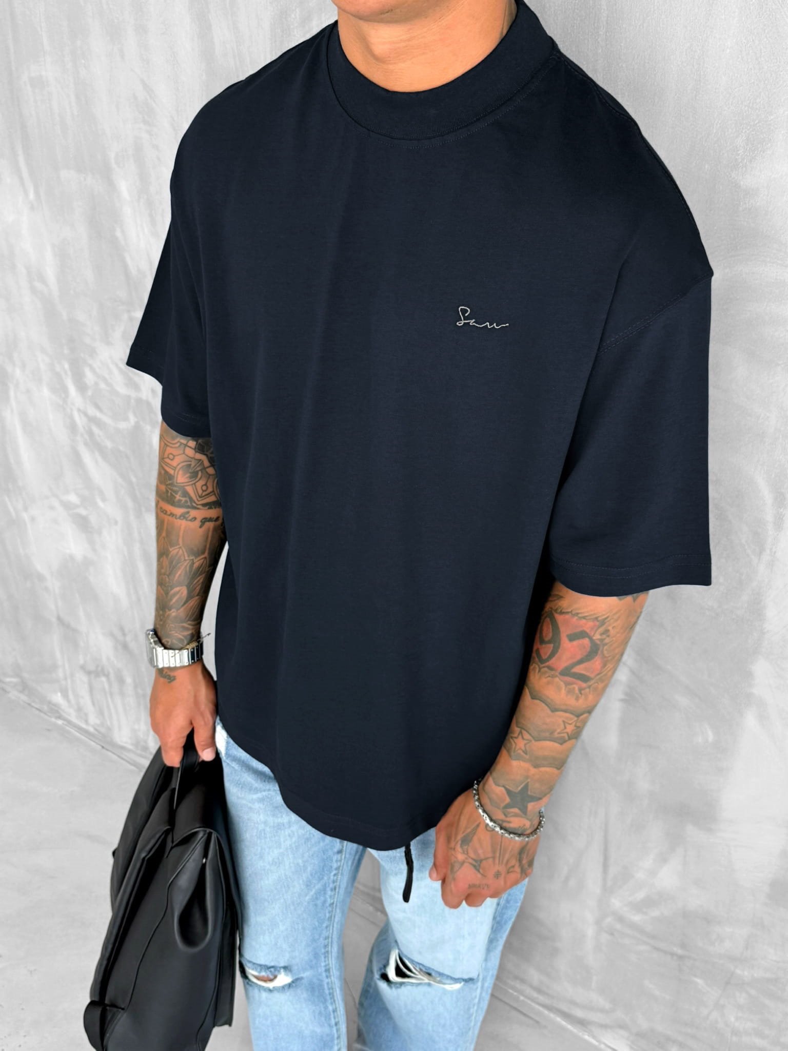 Erkek Sırtı Yamalı Oversize T-Shirt Lacivert
