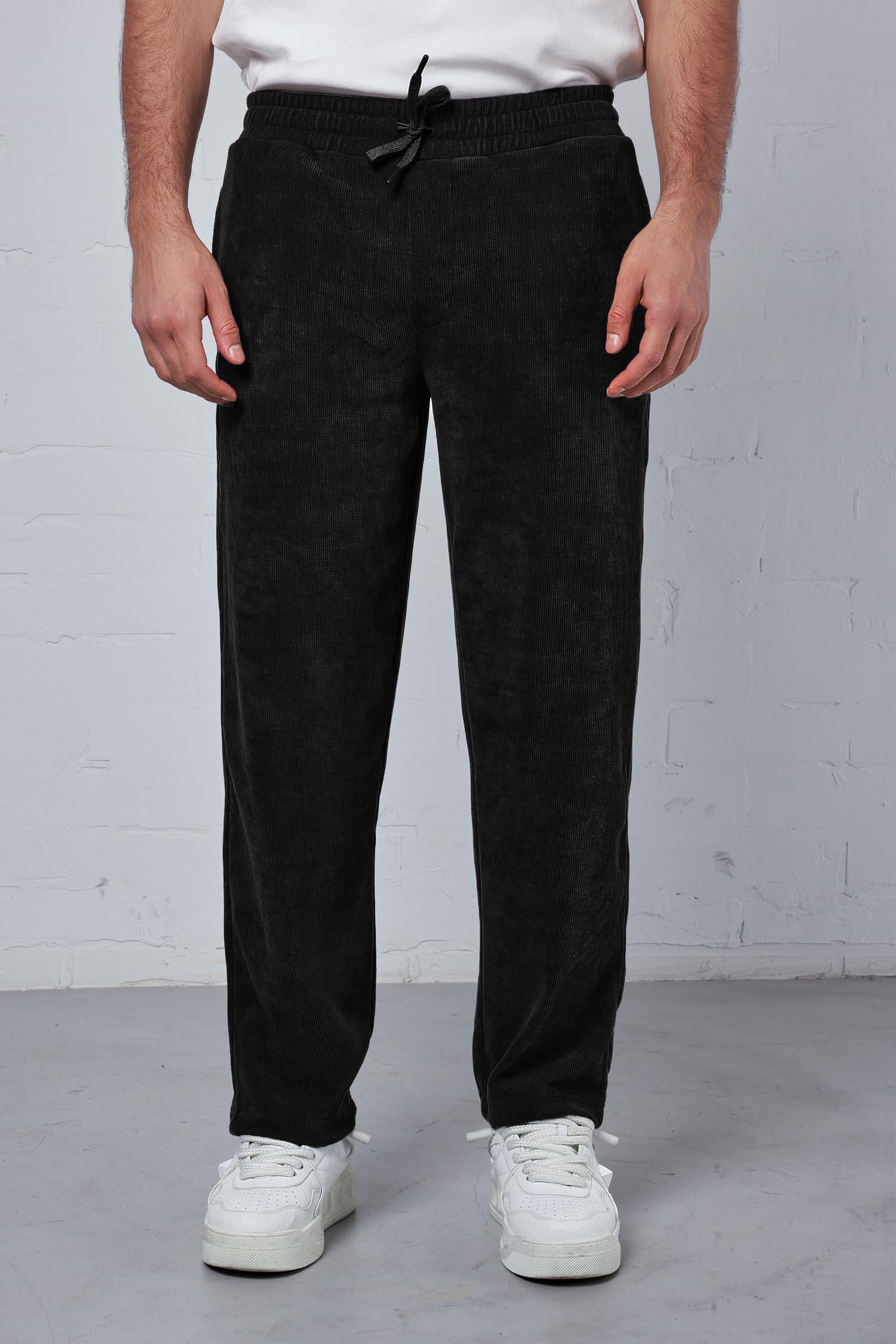 Erkek Regular Fit Fitilli Beli Lastikli Pantolon Siyah