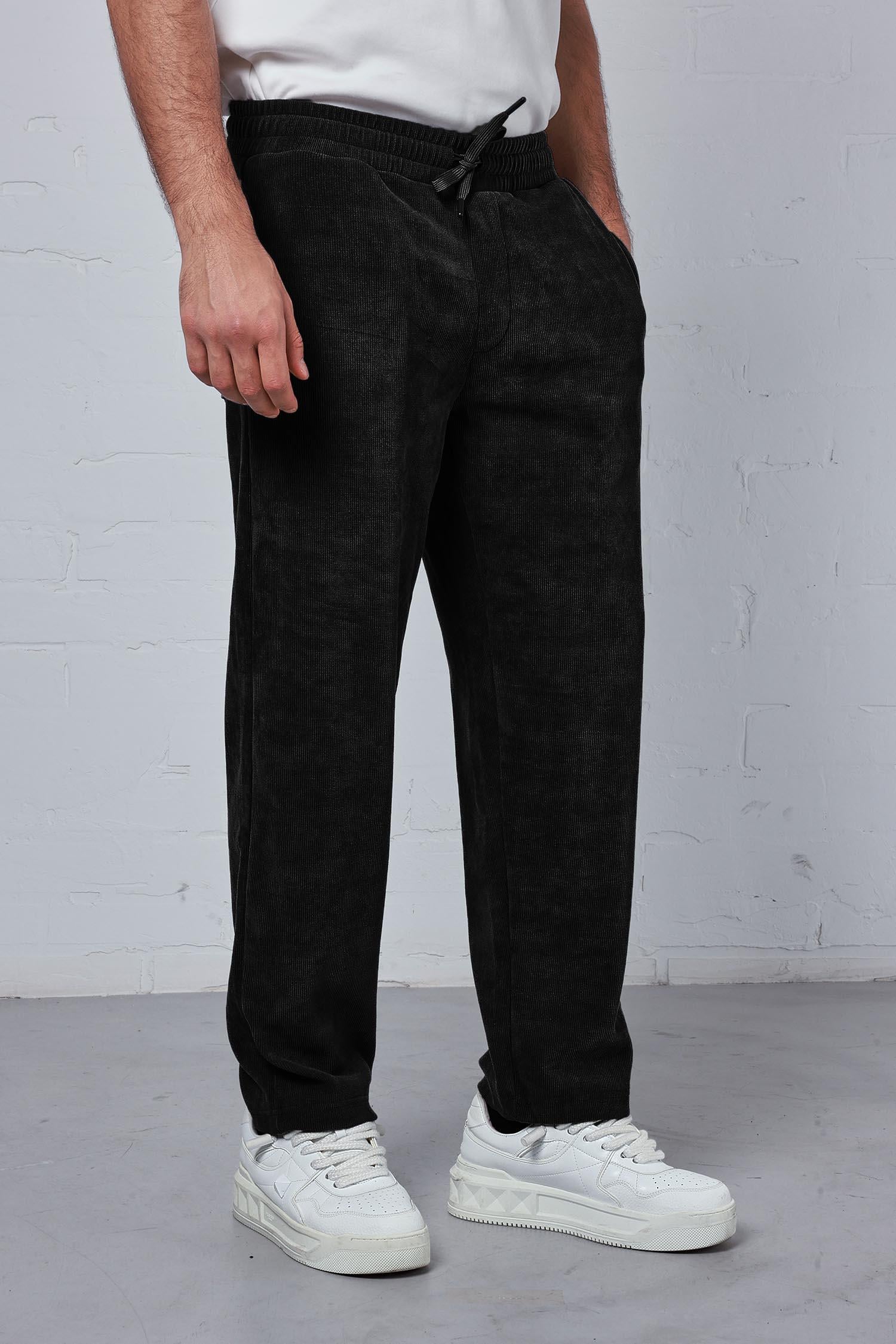 Erkek Regular Fit Fitilli Beli Lastikli Pantolon Siyah