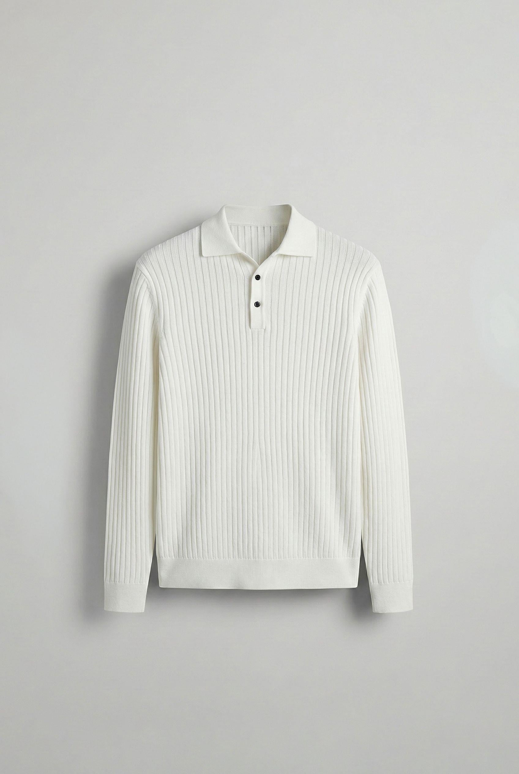 Erkek Slim Fit Polo Yaka Fitilli Örme Triko Kazak Ekru