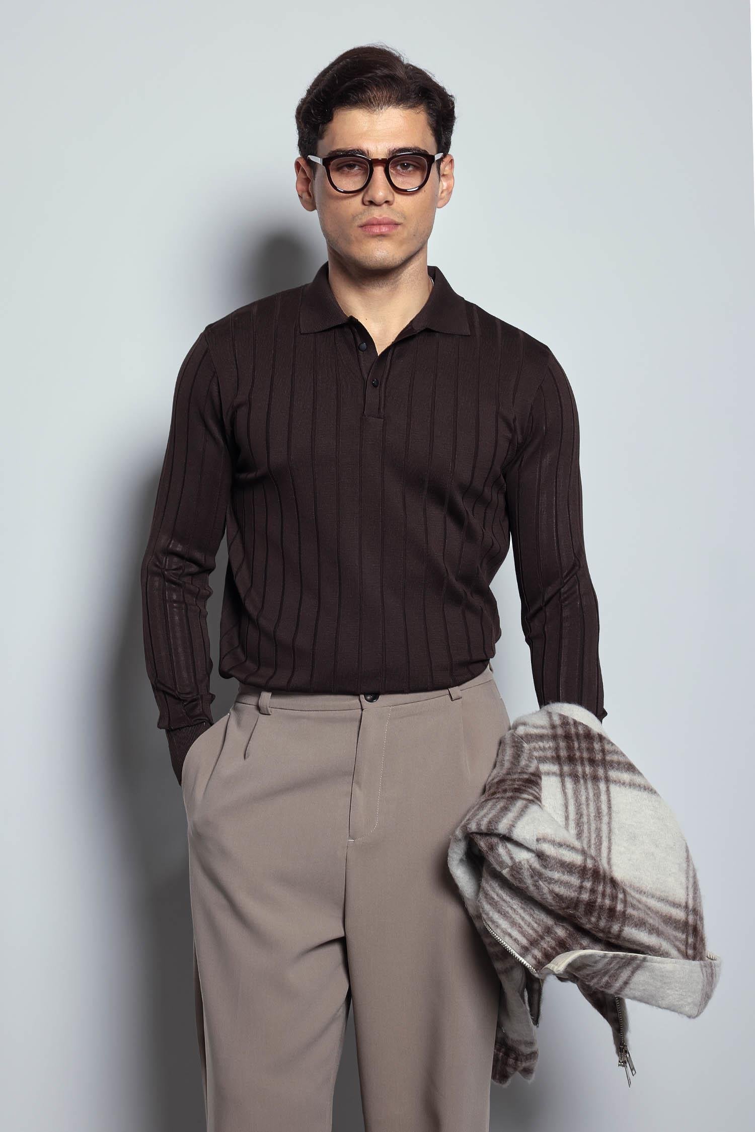 Erkek Slim Fit Premium Kumaş Polo Yaka Düğmeli Kazak Kahverengi