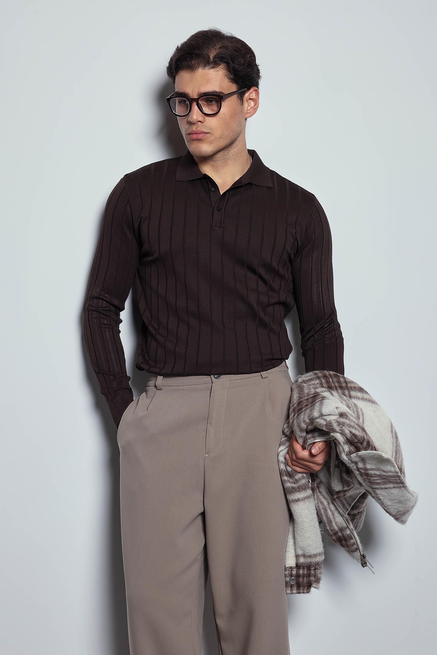 Erkek Slim Fit Premium Kumaş Polo Yaka Düğmeli Kazak Kahverengi