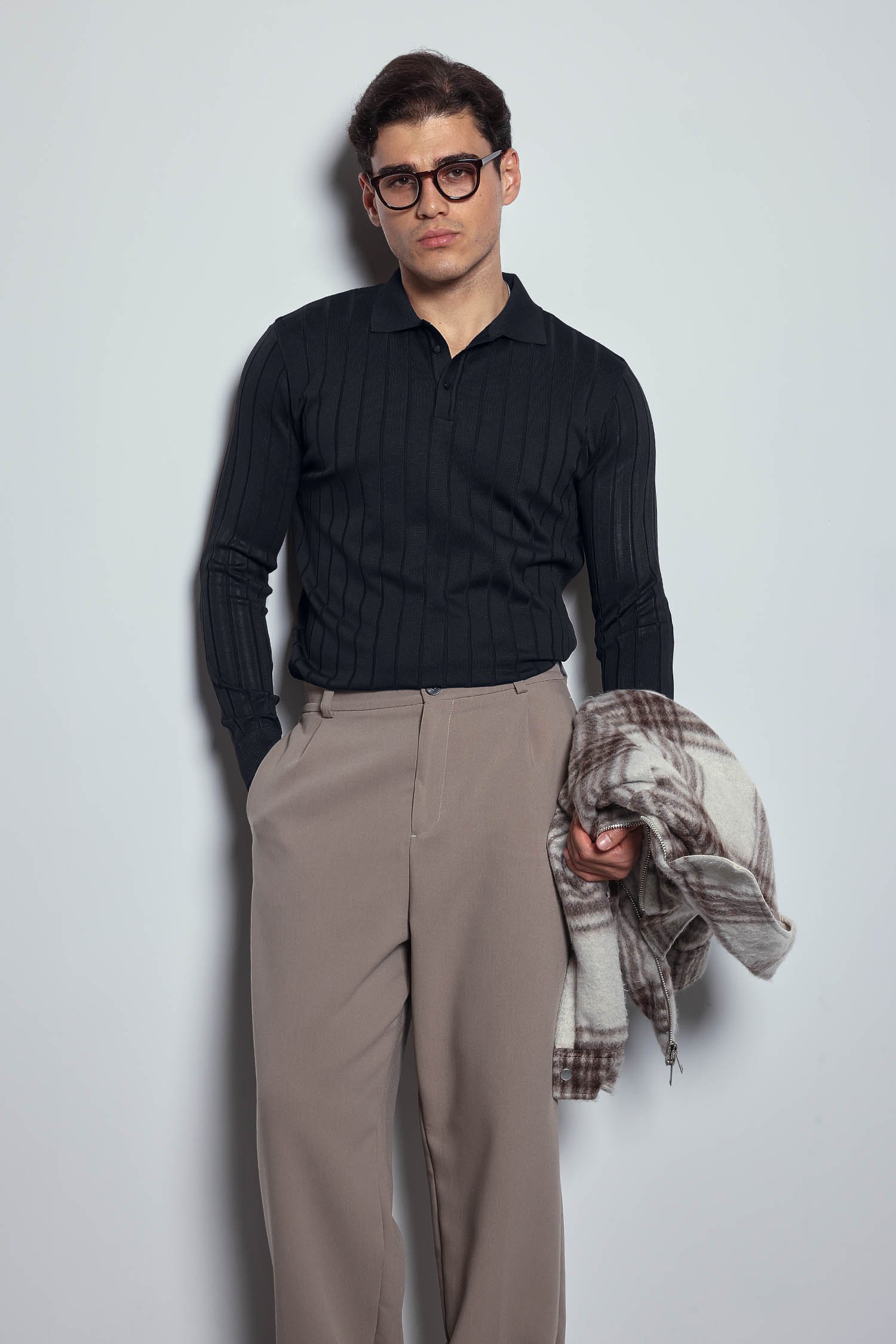 Erkek Slim Fit Premium Kumaş Polo Yaka Düğmeli Kazak Lacivert