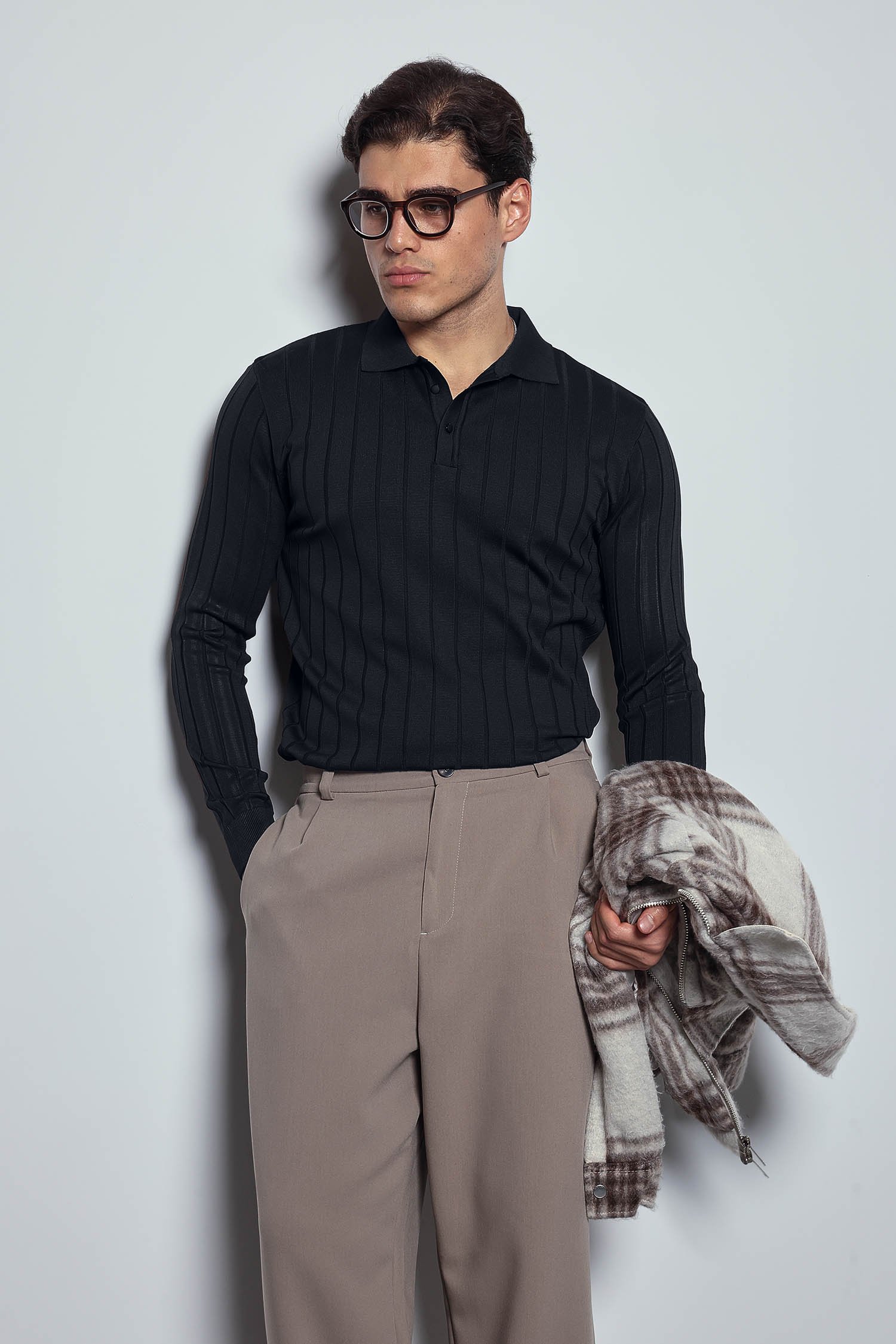Erkek Slim Fit Premium Kumaş Polo Yaka Düğmeli Kazak Lacivert