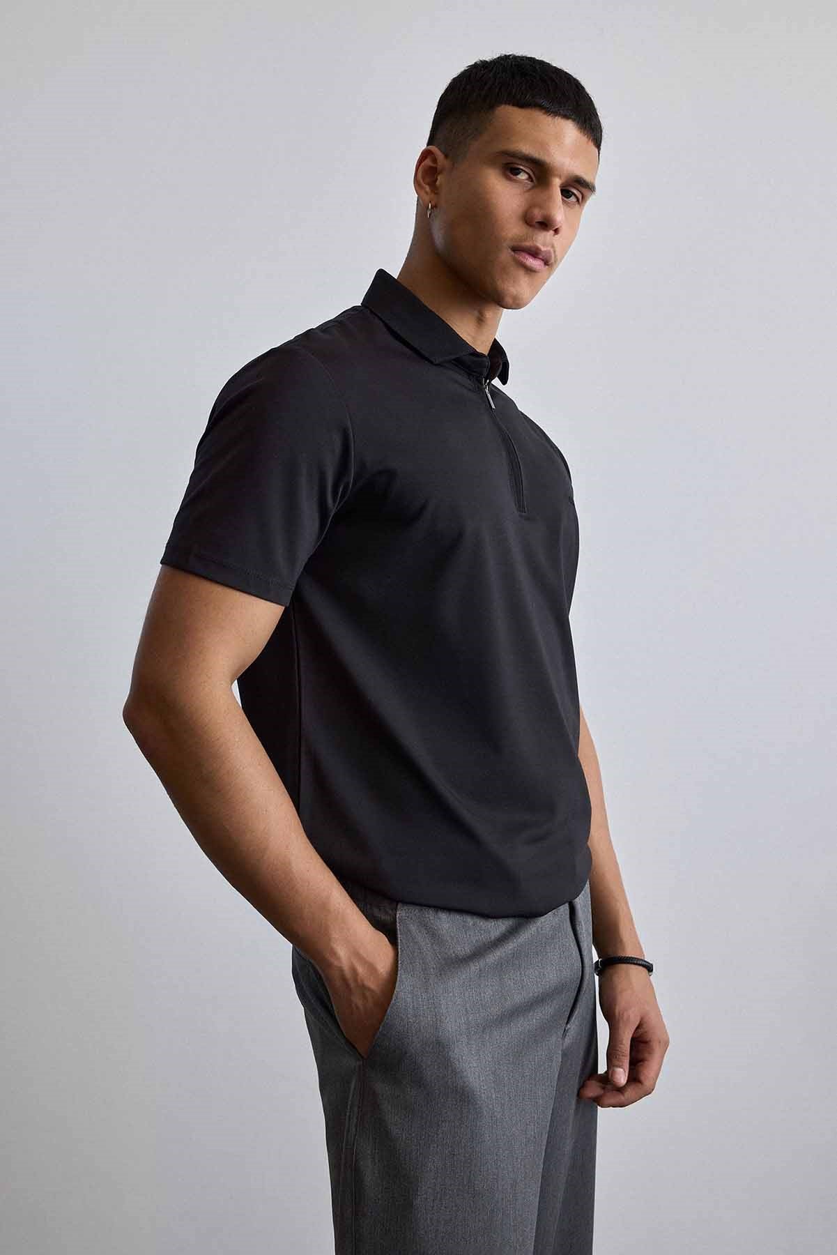 Erkek Slim Fit Yarım Fermuarlı Basic Polo Yaka T-Shirt Siyah