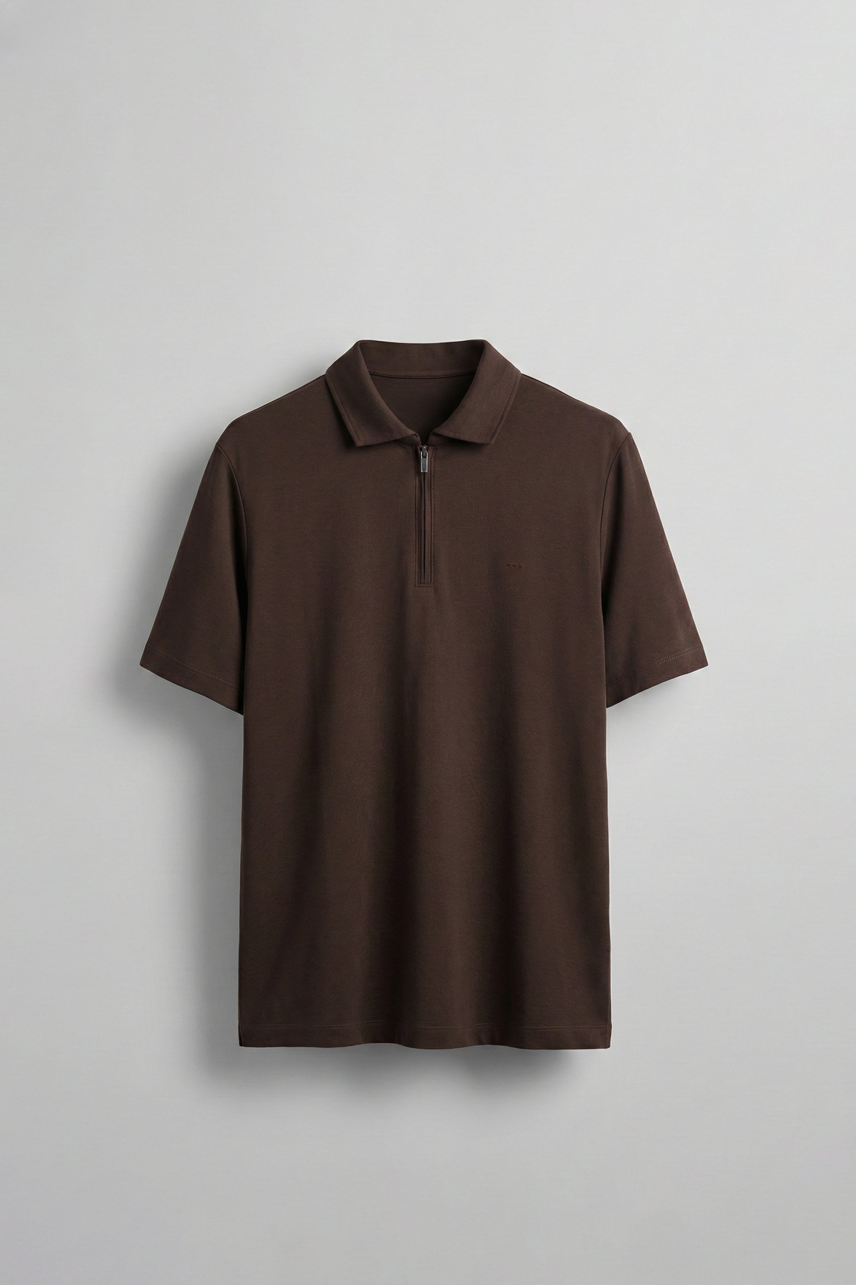 Erkek Slim Fit Yarım Fermuarlı Basic Polo Yaka T-Shirt Kahverengi