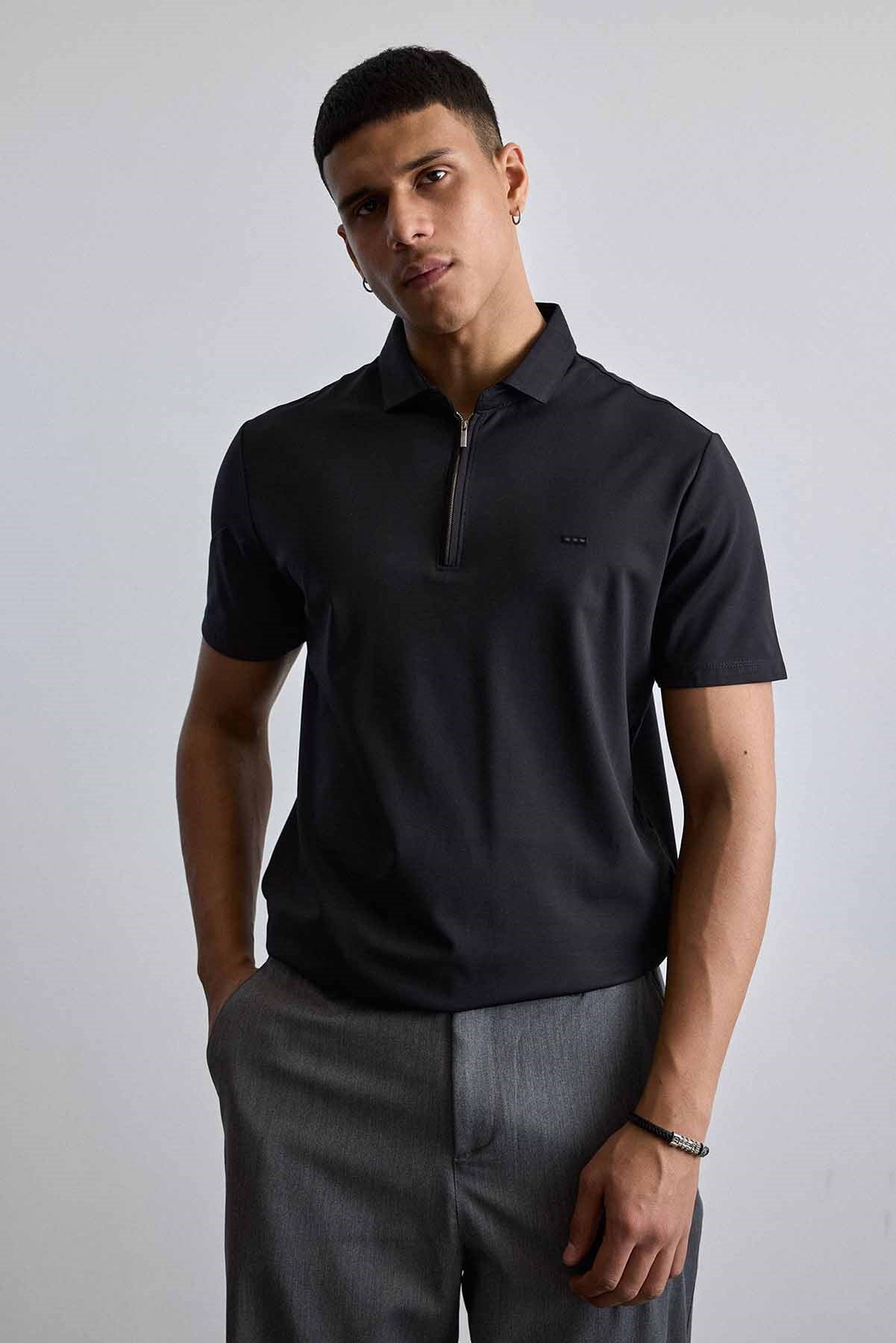 Erkek Slim Fit Yarım Fermuarlı Basic Polo Yaka T-Shirt Siyah
