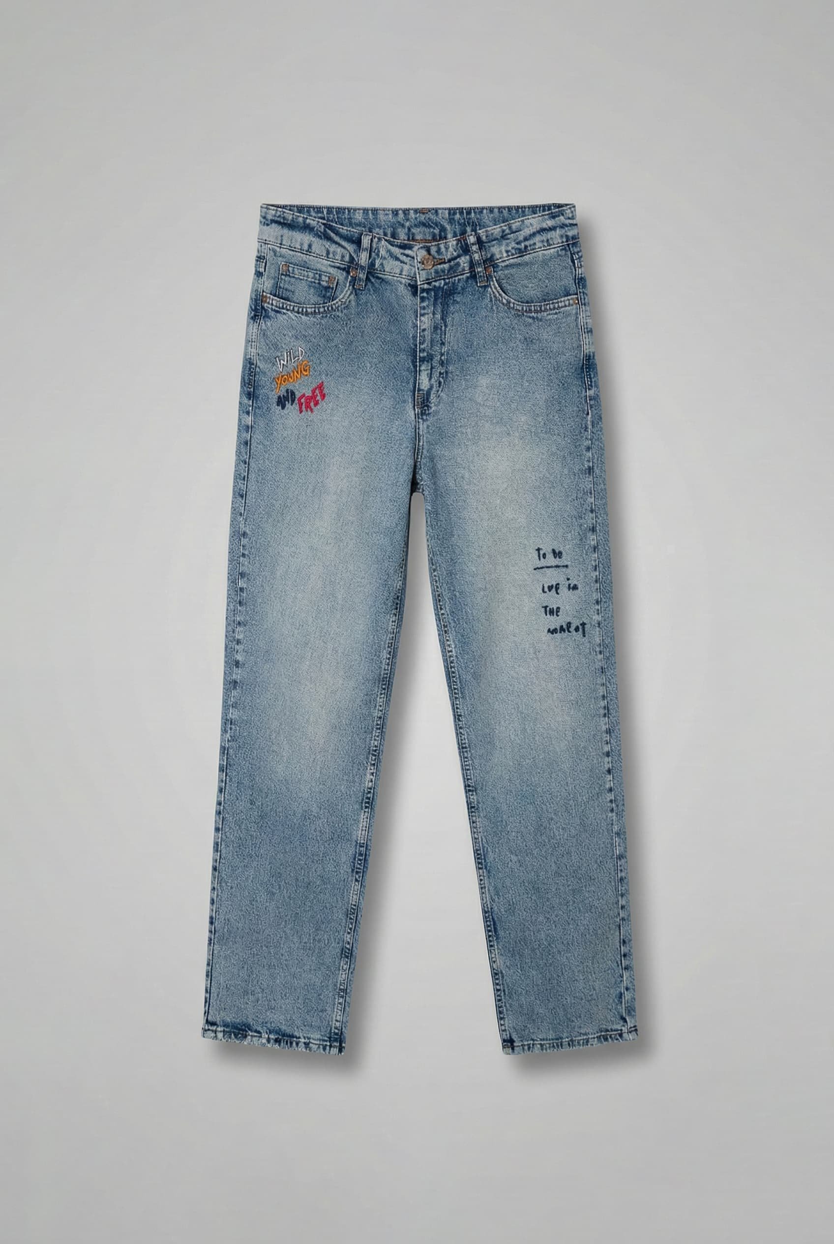 Erkek Slogan İşlemeli Baggy Jean Pantolon Mavi
