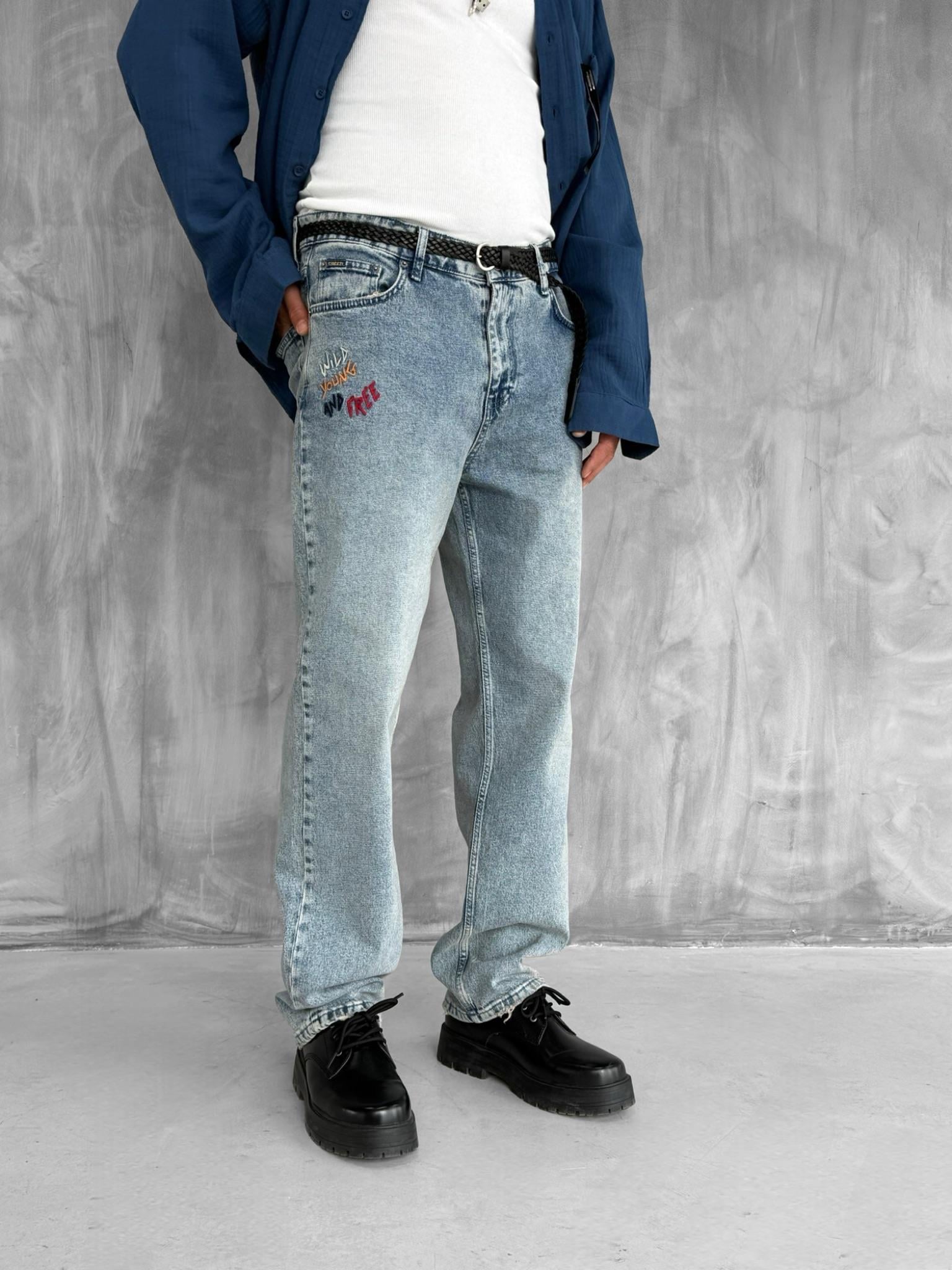 Erkek Slogan İşlemeli Baggy Jean Pantolon Mavi