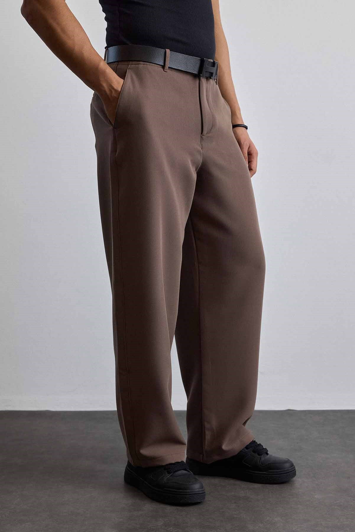 Erkek Smart Casual Bol Paça Relaxed Fit Pantolon Kahverengi