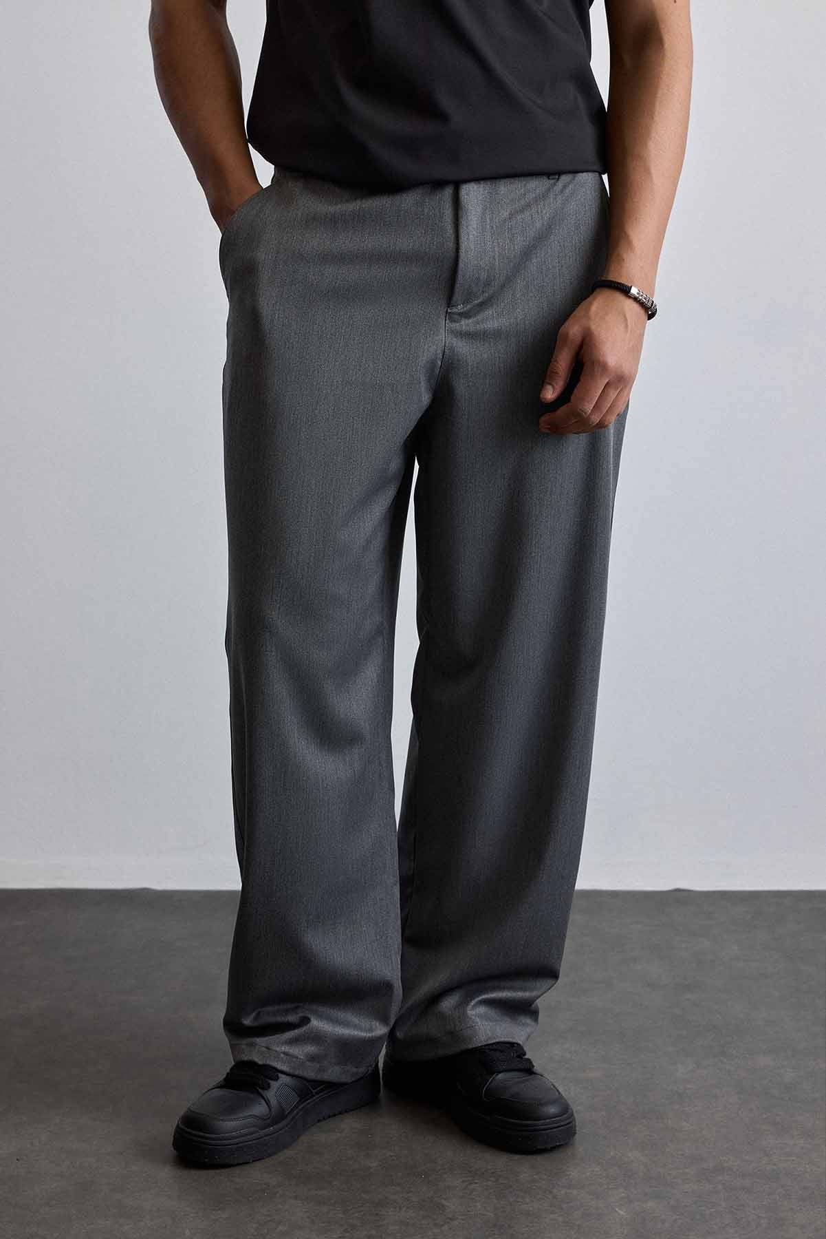 Erkek Smart Casual Bol Paça Relaxed Fit Pantolon Gri