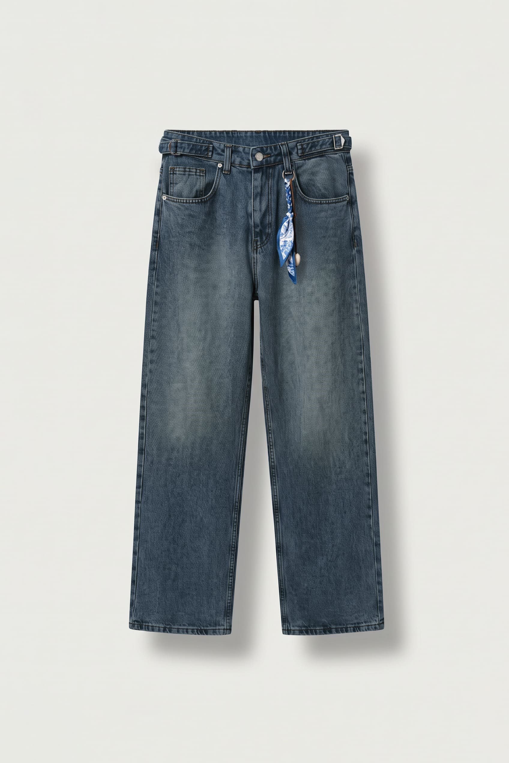 Erkek Süper Baggy Kemer Tokalı Yıkamalı Jean Lacivert