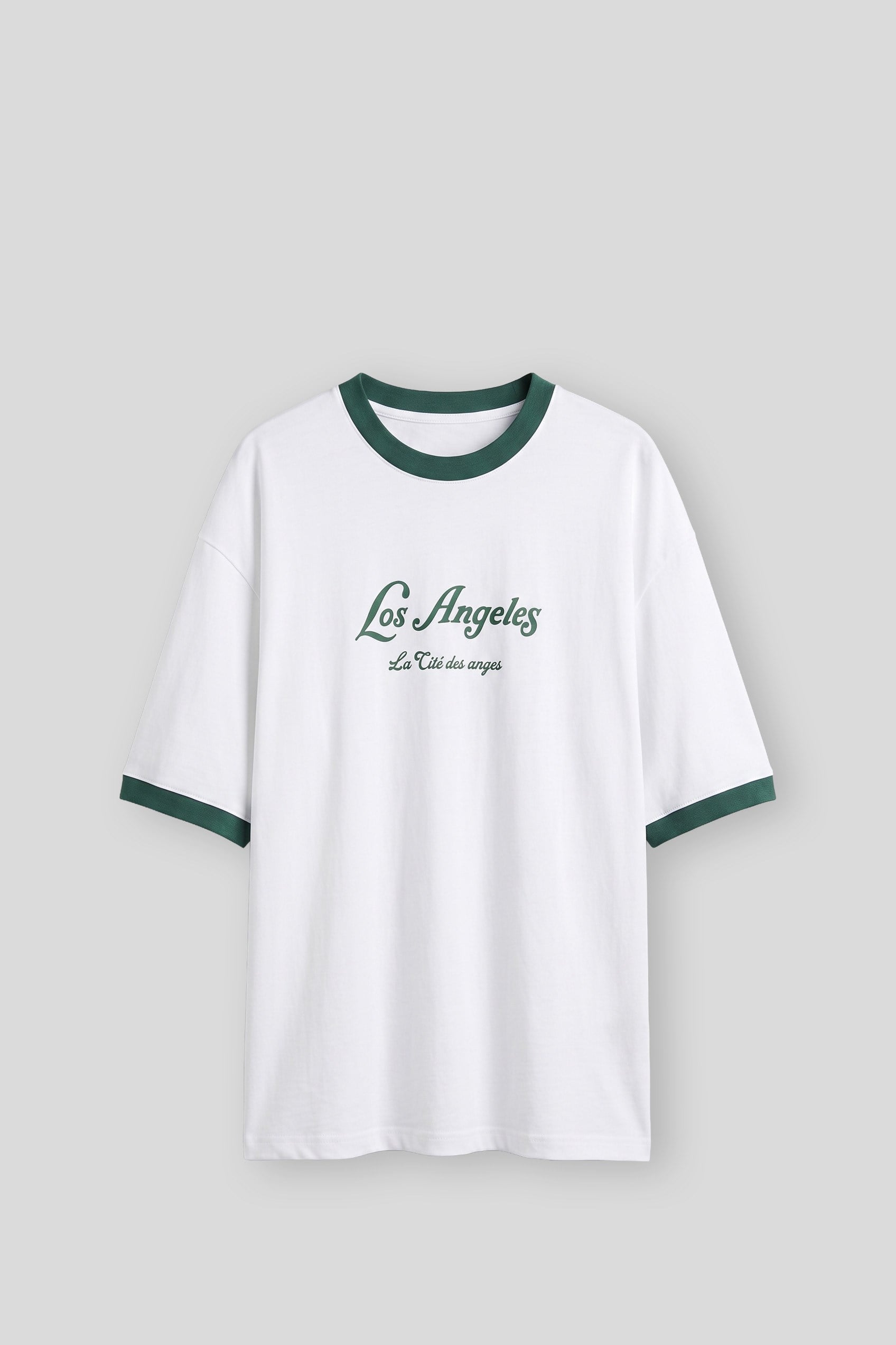 Erkek Süper Oversize LA Baskılı Kontrast Yaka T-Shirt Beyaz