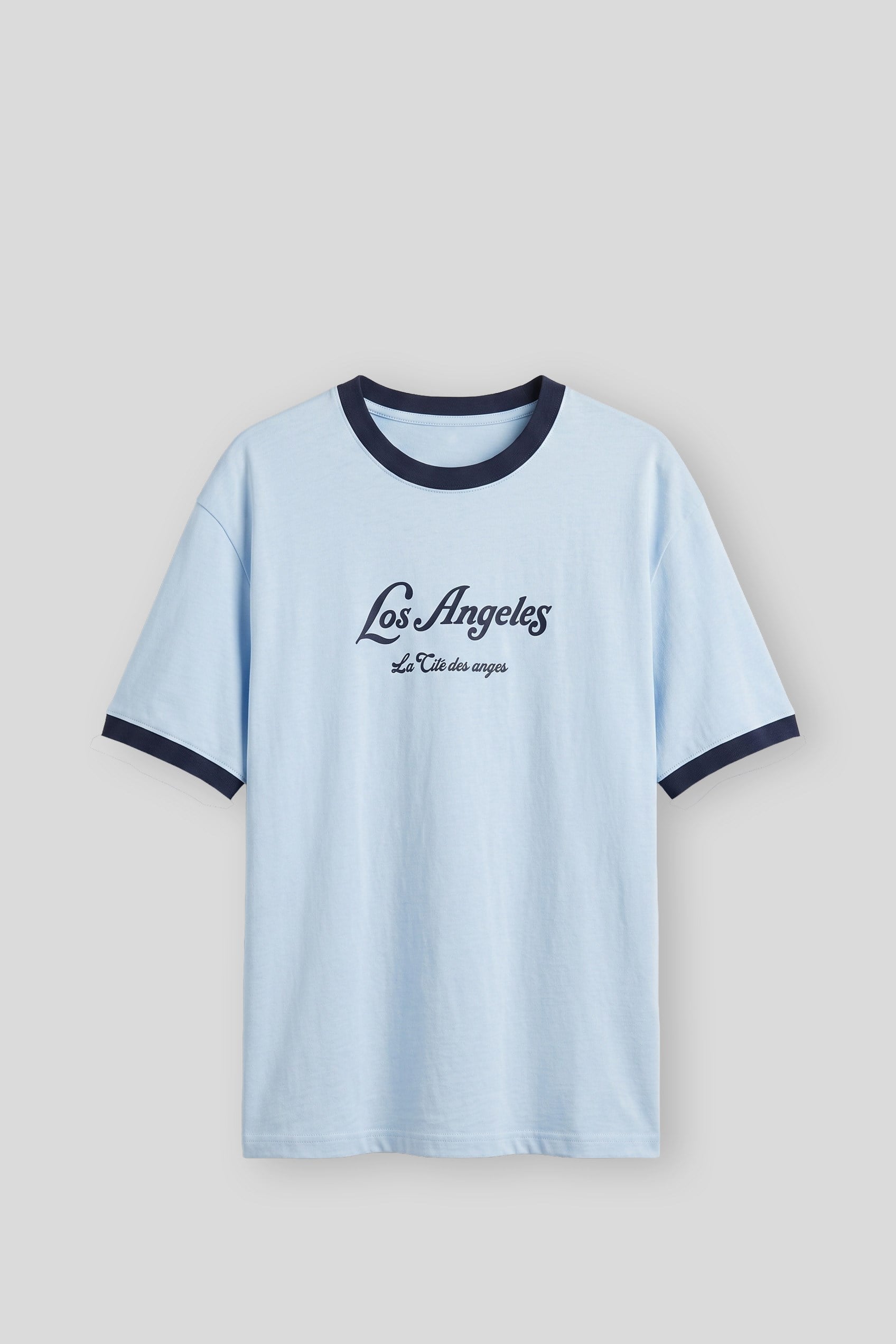 Erkek Süper Oversize LA Baskılı Kontrast Yaka T-Shirt Bebek Mavi
