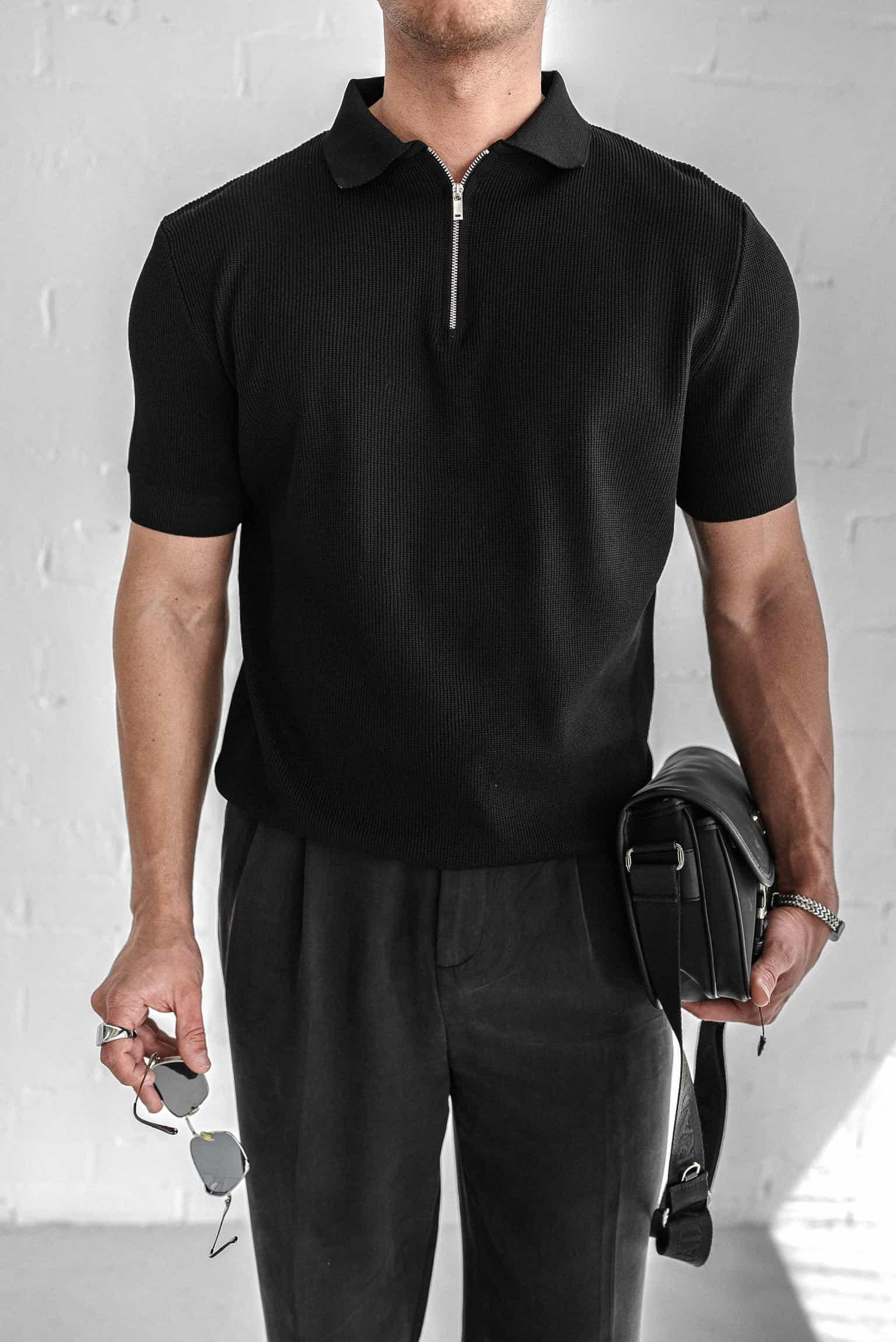 Erkek Yarım Fermuarlı Polo Yaka Triko T-Shirt Siyah