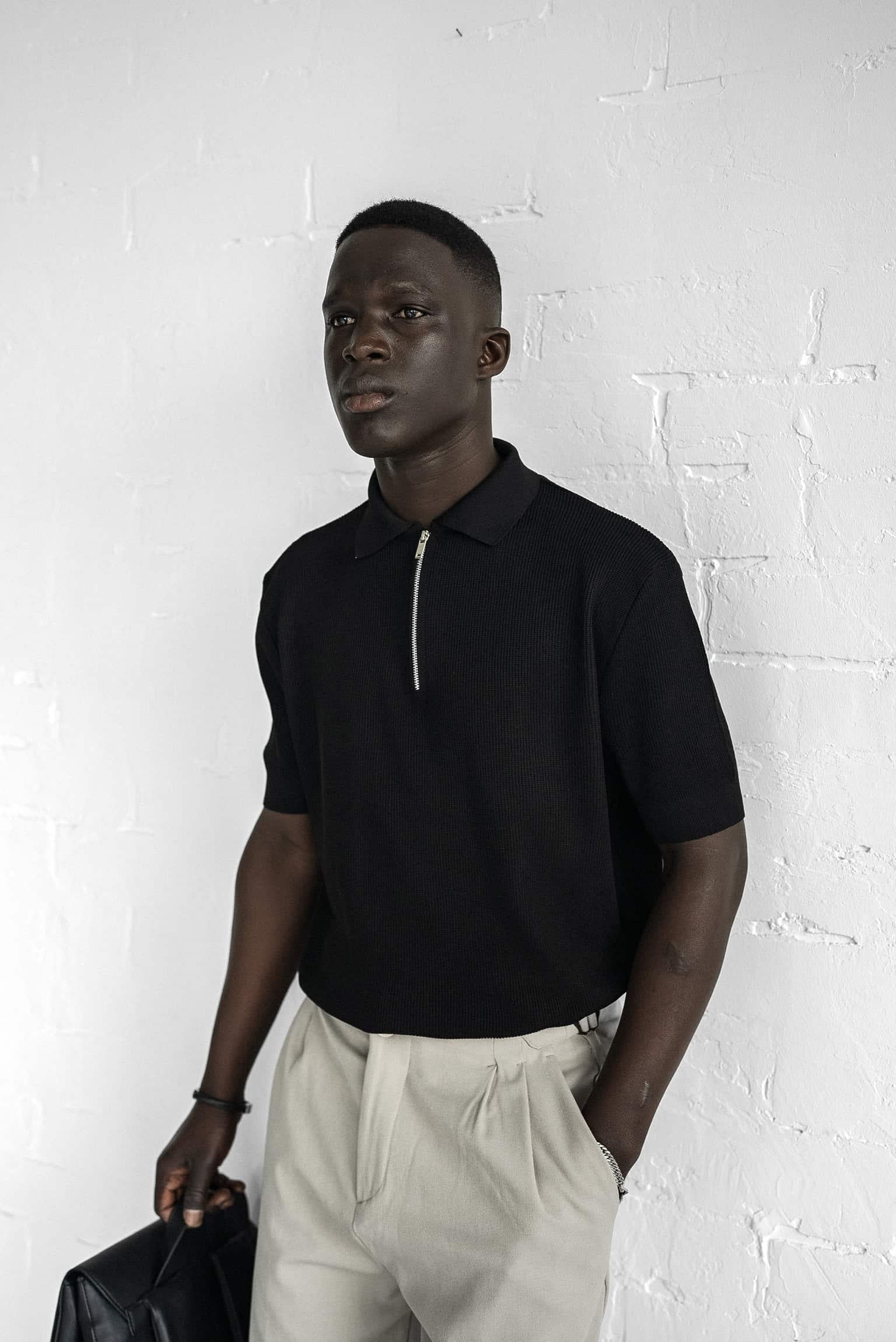 Erkek Yarım Fermuarlı Polo Yaka Triko T-Shirt Siyah