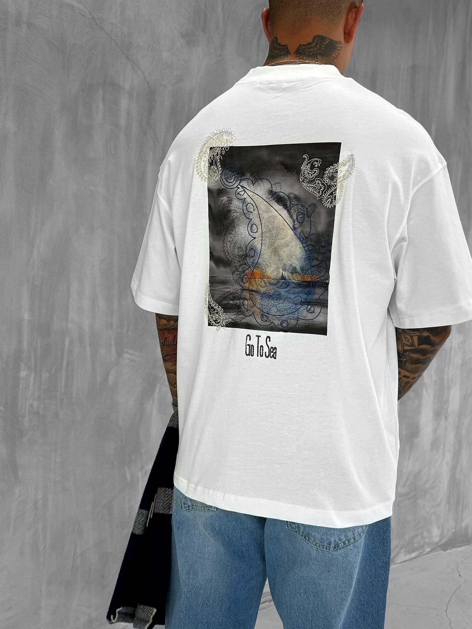 Erkek Yelken Desenli Nakışlı Oversize T-Shirt Beyaz
