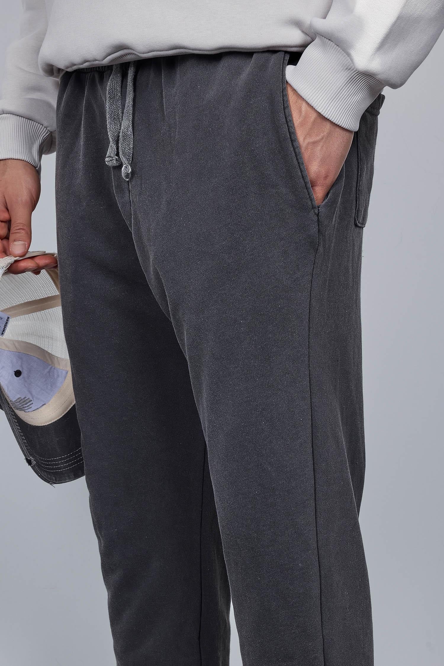 Erkek Yıkamalı Baggy Fit İnce Eşofman Siyah