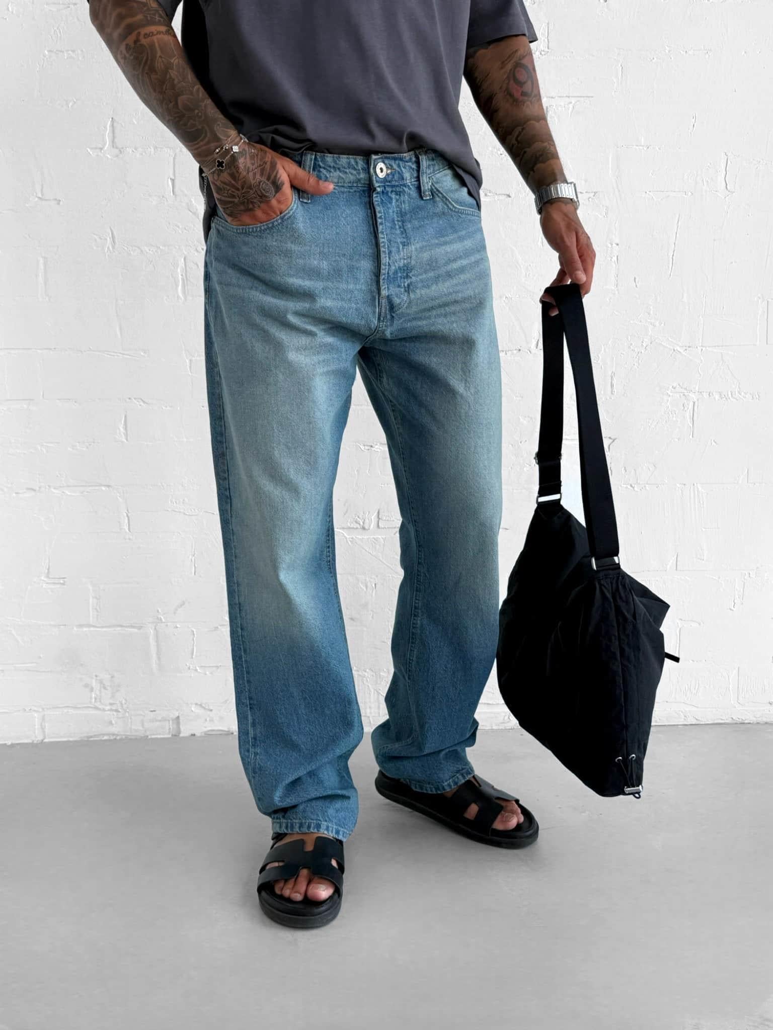 Erkek Yıkamalı Baggy Fit Jean Pantolon Açık Mavi